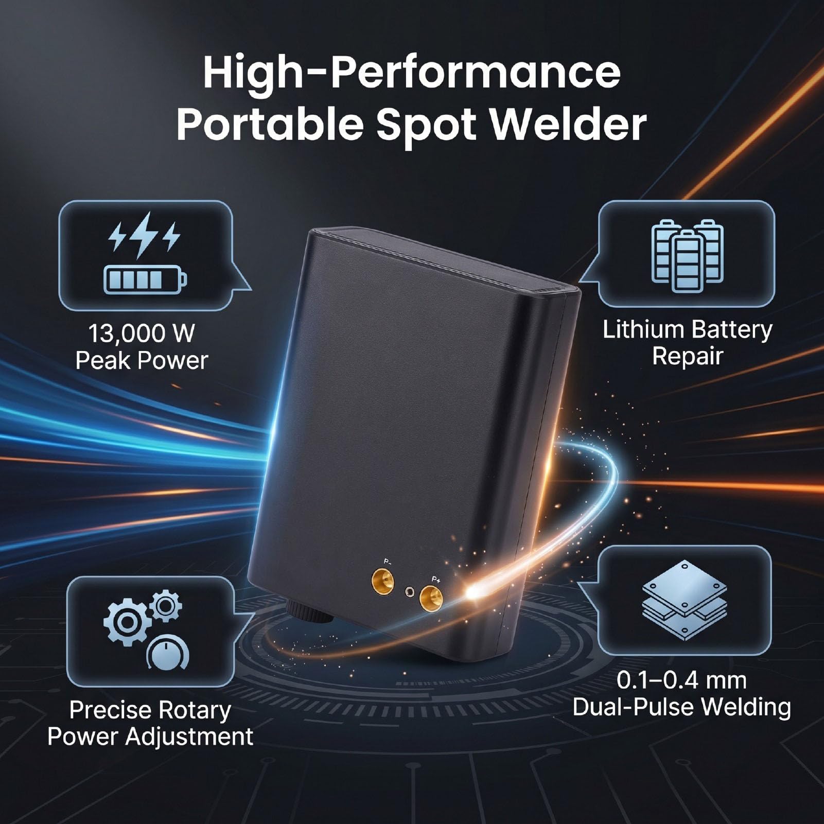 Fabater Soldador por Puntos de Mano, 13000W 0,1-0,4 Mm Máquina de Soldadura por Puntos de Doble Pulso con 100 Niveles Potencia, Equipo de Soldadura por Punto Inalámbrico de 10000MAh