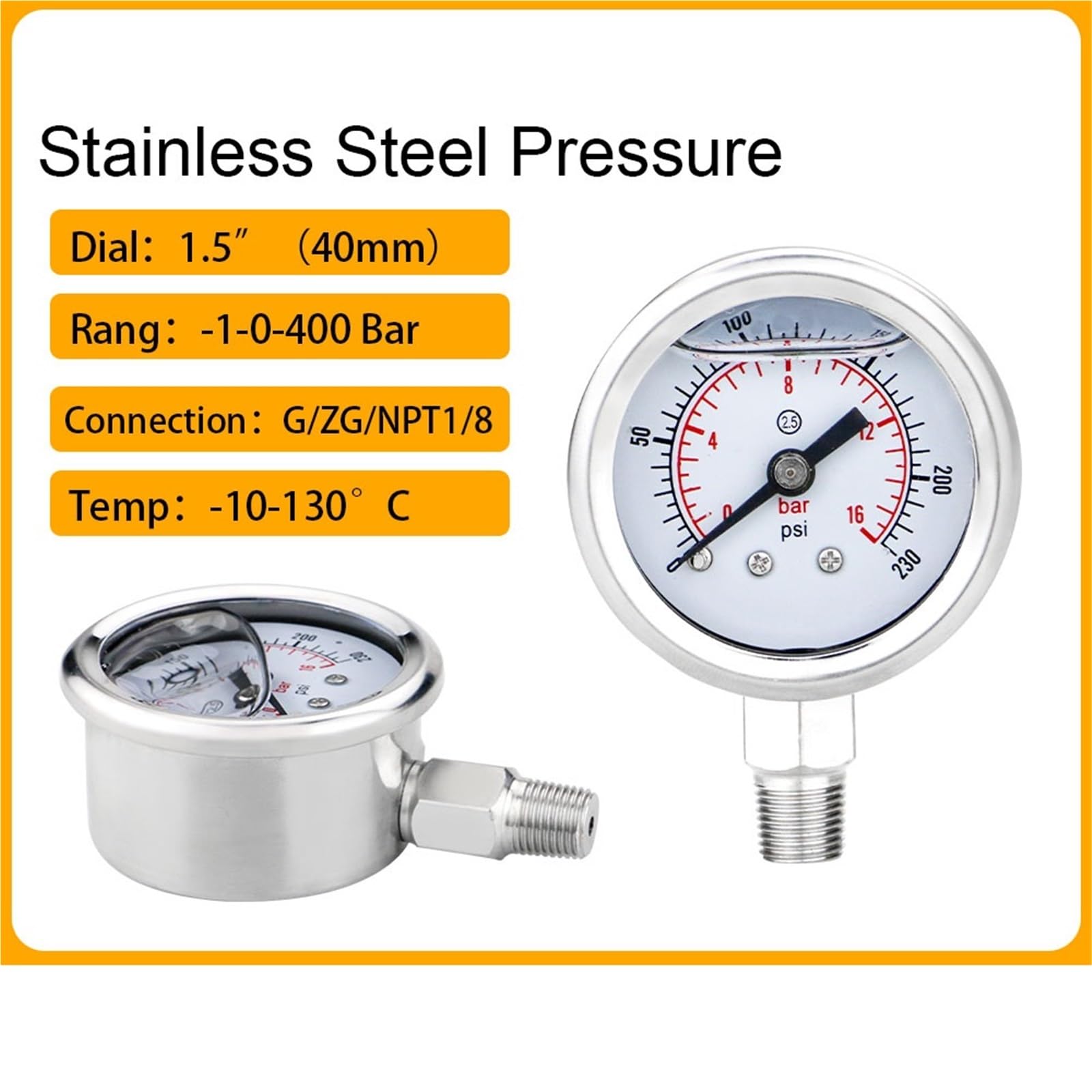 Manómetro de presión de Acero Inoxidable de 40mm (1,5 ")-1~0 ~ 400bar/psi conexión Inferior Relleno de glicerina for Agua y Gas | BSP(G) 1-8,0-4bar