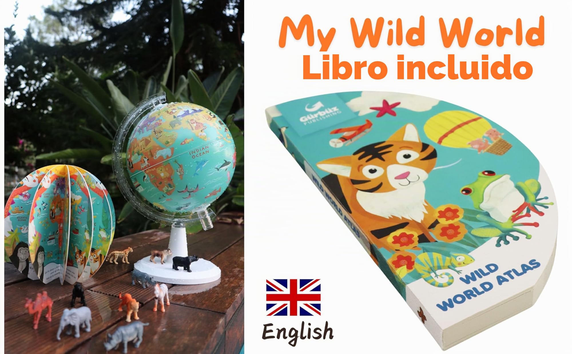 EXERZ Globo terráqueo de 20 cm con libro “Mi mundo salvaje”, 16 páginas. Girar, dar vueltas, jugar, leer y descubrir sobre los animales de la Tierra