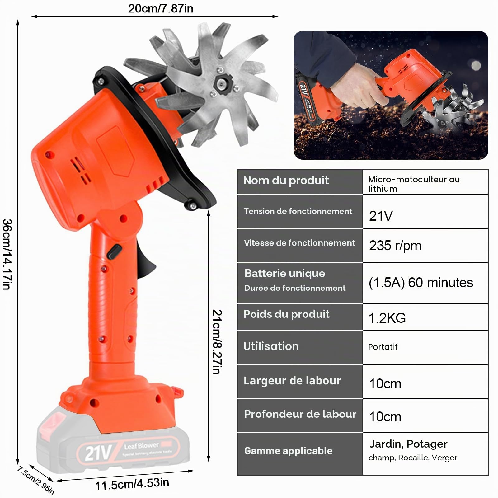 Motobineuse Électrique sans Fil,Portable Motoculteur Compatible avec Batterie 21V (sans Batterie),550W 235RPM,Largeur/Profondeur De Travail 10/10cm,Cultivateur pour Potager,Yard,Culture du Sol