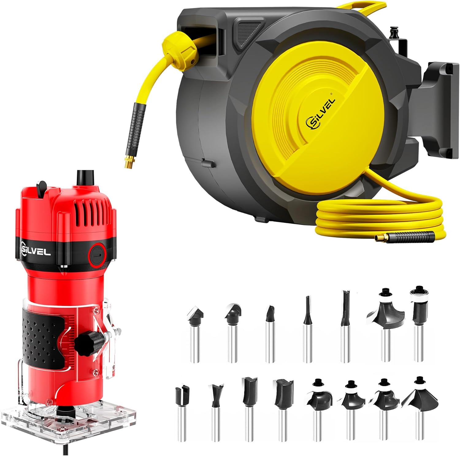 SILVEL 3/8 in x 115FT Retractable Air Hose Reel + 800W (30000R/MIN) Wood Router, Automatic Rewind & 180°Swivel Bracket Penumatic Hose Reel and 6.5Amp 1.25HP Hand Wood Router Tool, Woodworking, DIY