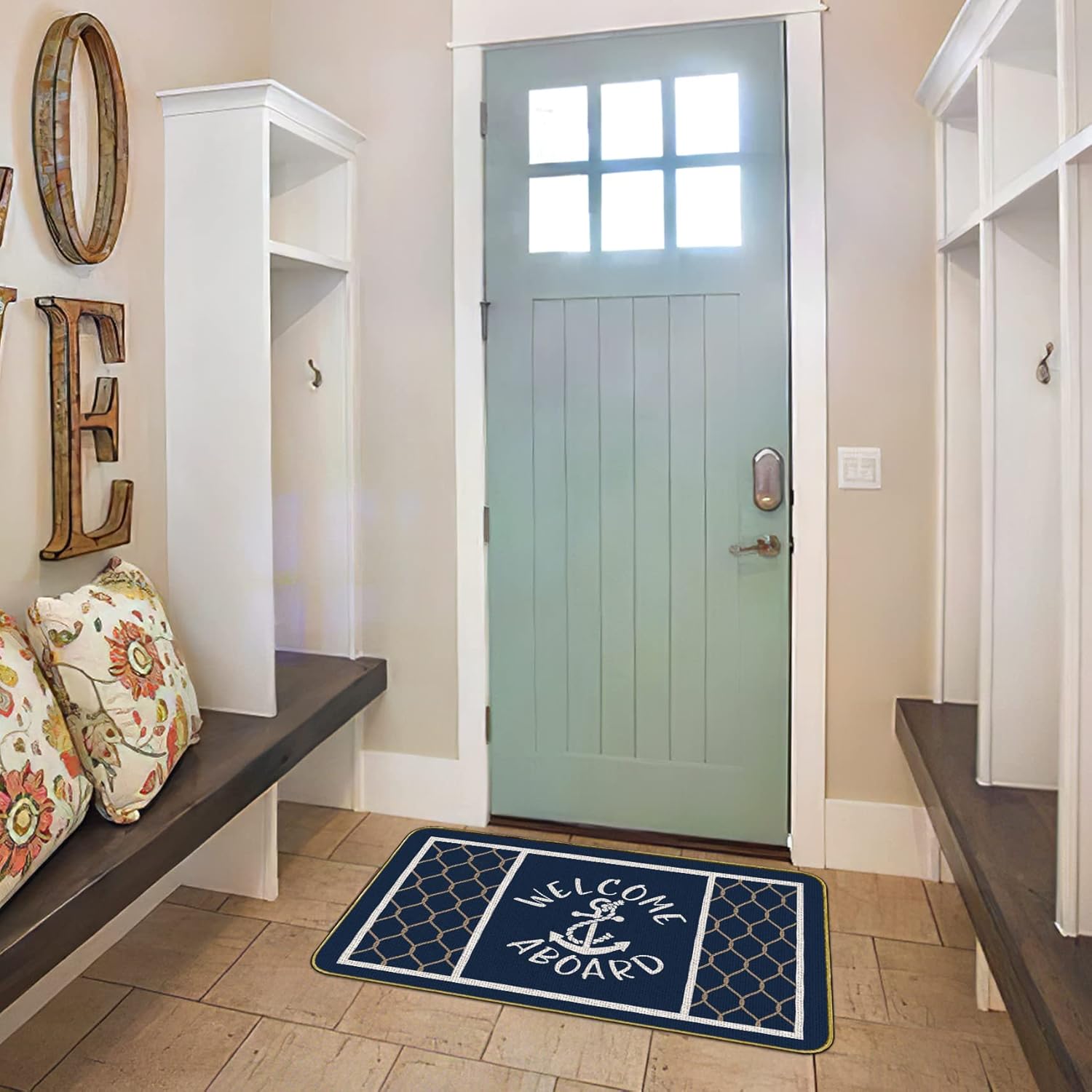 Mingnei Welcome Aboard Boat Mat,Coastal Doormat,Boat Mats for Floor,Nautical Aboard Doormat Door Mat for Boat, Nautical Rope Boats Floor Front Indoor Outdoor Rug 30 x 17 Welcome Mat