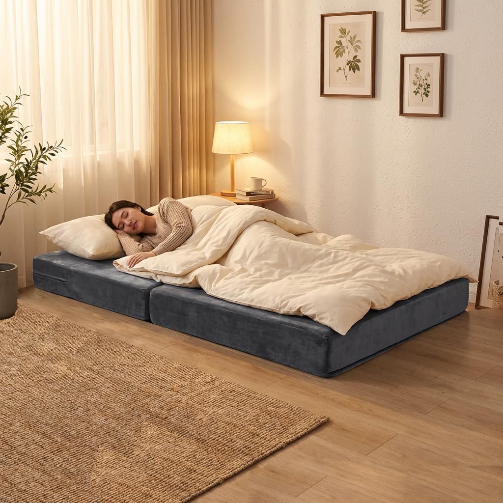 4-in-1 Convertible Single Sofa Bed, 7.8" High-Density Memory Foam Foldable Mattress, Twin Size Sleeper Chair for Adults, Folding Floor Sofa with Washable Velvet Cover for Guest/RV/Dorm - Grey