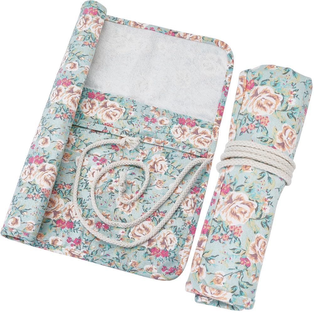 CRASPIRE Canvas Pencil Wrap Flower Pattern Pencils Roll Holder Brushes Bag Roll Up Piant Floral Coloring Pen Case Storage Organizer for Art Lovers Artist Drawing Sketching with 20 Slots Pouch