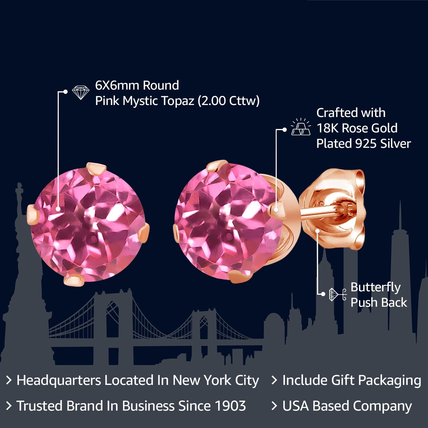 Gem Stone King 18K Rose Gold Plated Silver 6MM Round Gemstone Birthstone Stud Earrings | Rose Gold Earrings For Women Men - Image 2