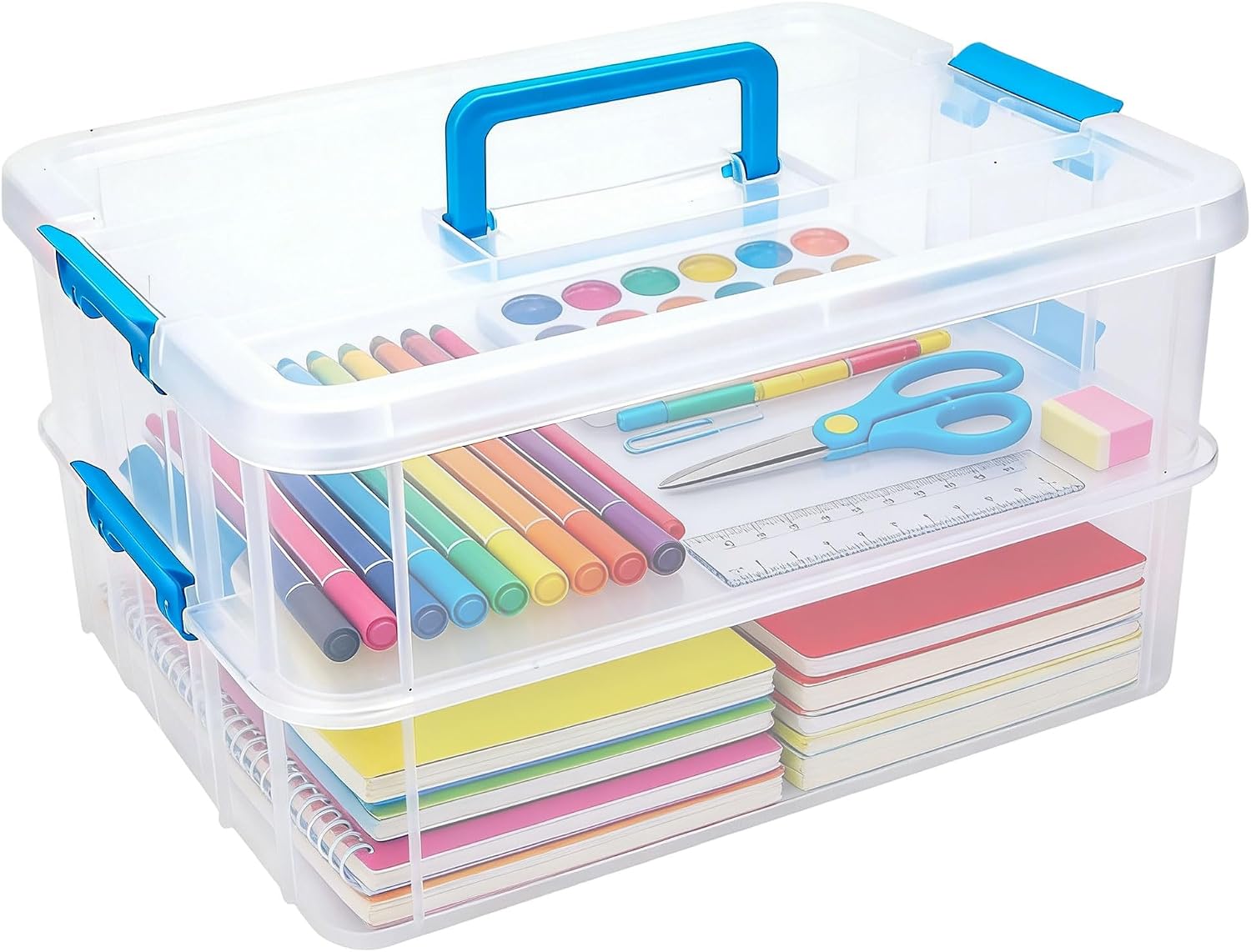 2 Tier 13" Blue Plastic Storage Box Lid Handle Craft Office Car Organizer | Stackable Multipurpose Container Box Organizer With Latching For Office, Art Craft,Sewing, Books And Car Trunk Storage,Blue