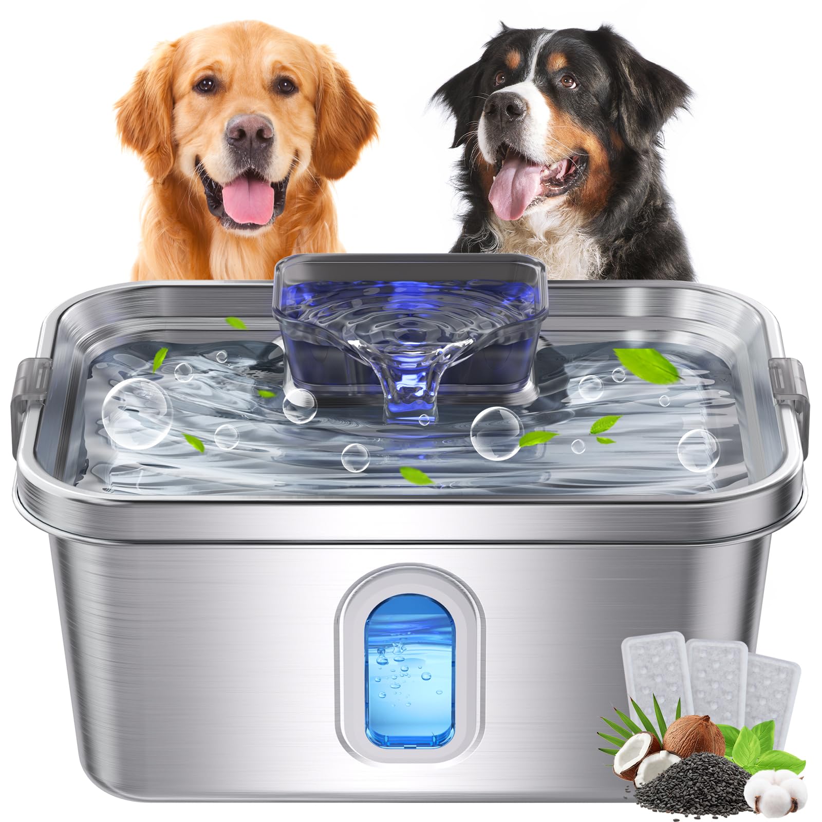 Dog Water Fountain for Large Dogs Stainless Steel Dog Water Fountain 2 Gal Cats & Pets Automatic Pet Water Fountain with Large Drinking Area Ultra-Quiet Pump Water Fountain Dog Bowl with Filters