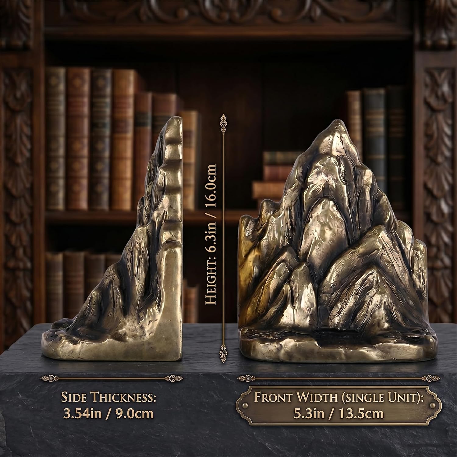 Mountain Bookends Set of 2, Resin Rock Bookends, Antique Brass Book Ends Decorative, Supports for Shelves, Distressed Vintage Mountain Home Decor for Bookshelf Office Desk
