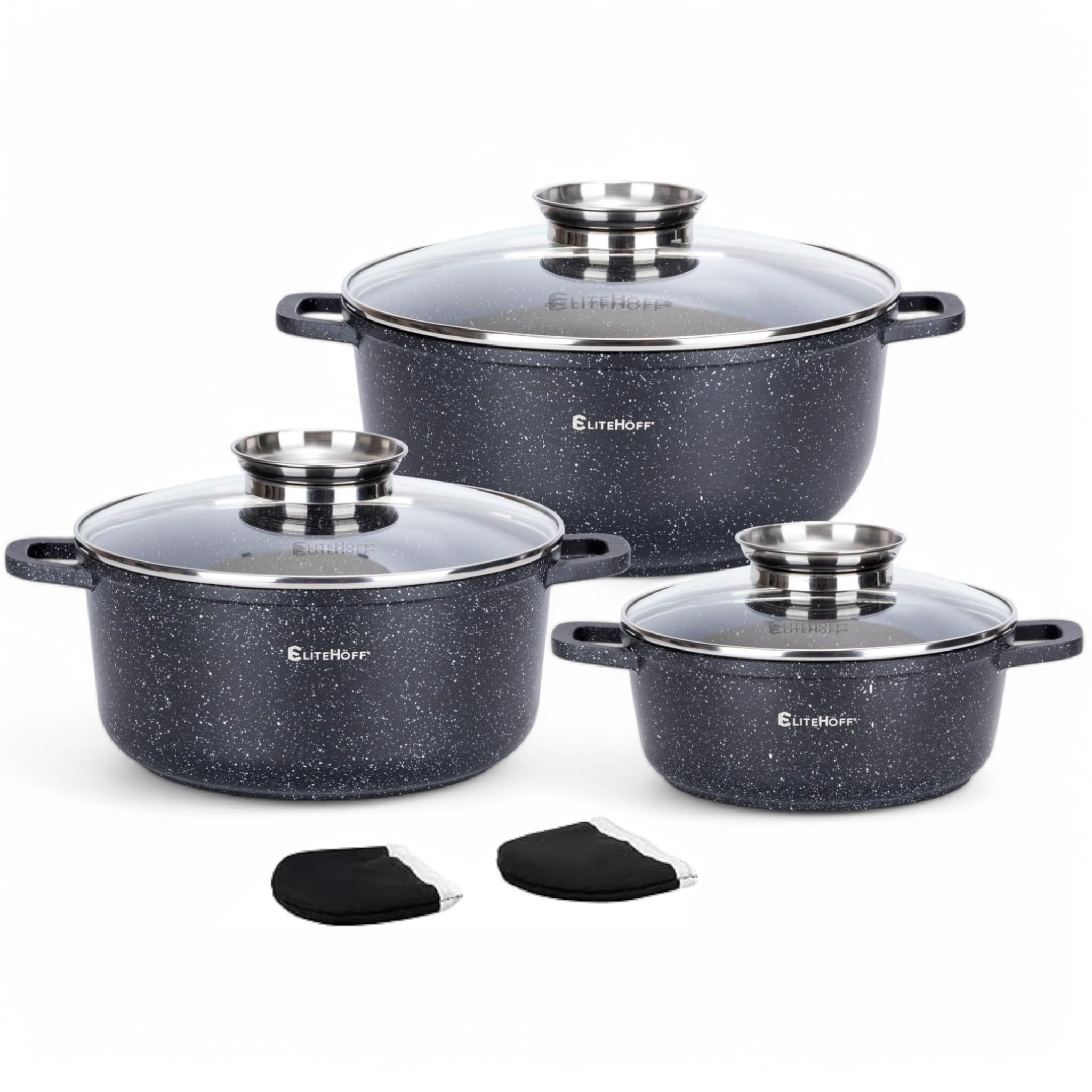 Casseroles induction EliteHoff noir 6 pièces avec couvercle en verre
