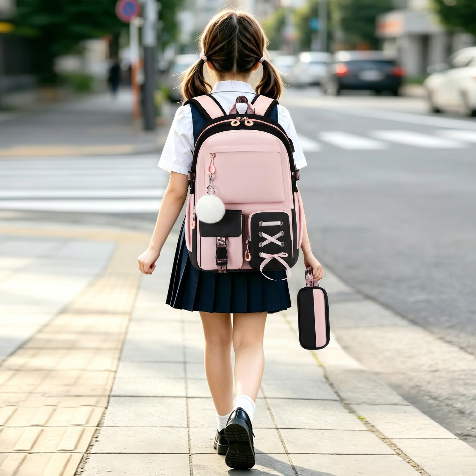 Ensemble Cartable Fille Primaire Collège 2 Pièces, Noir-Rose, 25L