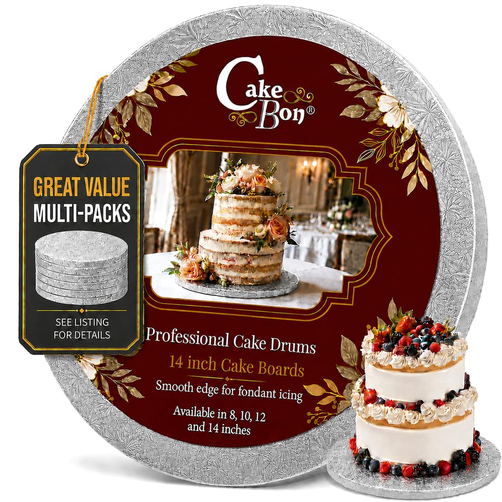Cakebon Cake Boards 14" Silver Round Cake Drums 1/2" Thick Smooth Edge 3Pk