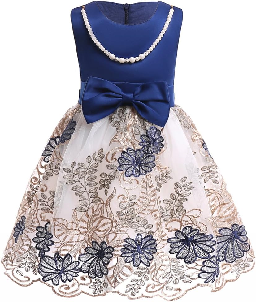 NSSMWTTC2-9T Flower Girls Wedding Embroidery Dresses Toddler Christmas Easter Pgeant Dress with Necklace