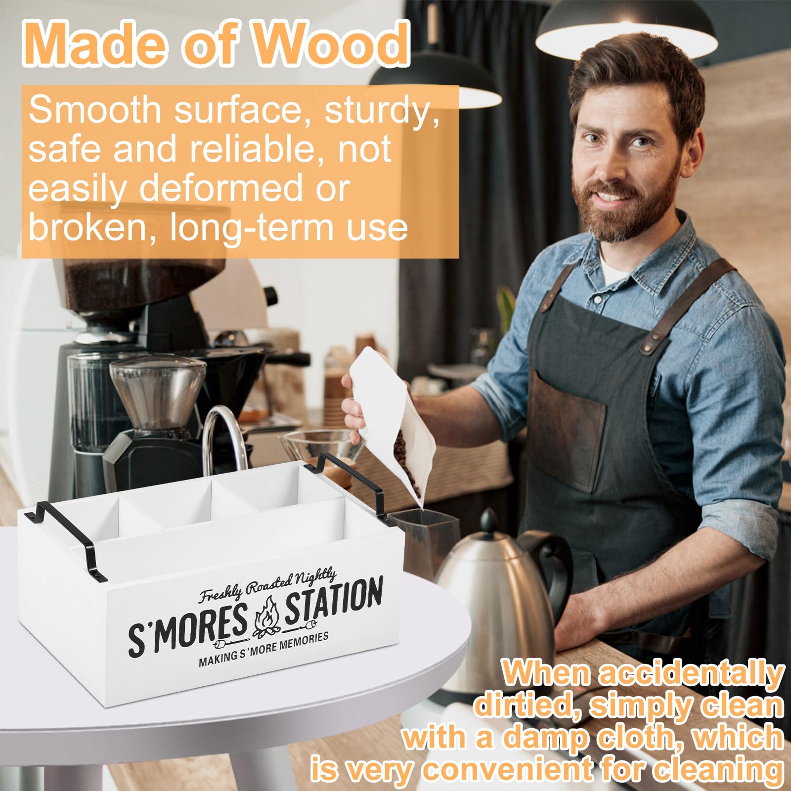 Somre's Station - Organizer per stazione di caffè in legno, con manici e 4 scomparti, 29 x 18,5 x 11 cm, contenitore rustico per accessori da tè, decorazione bar (bianco)