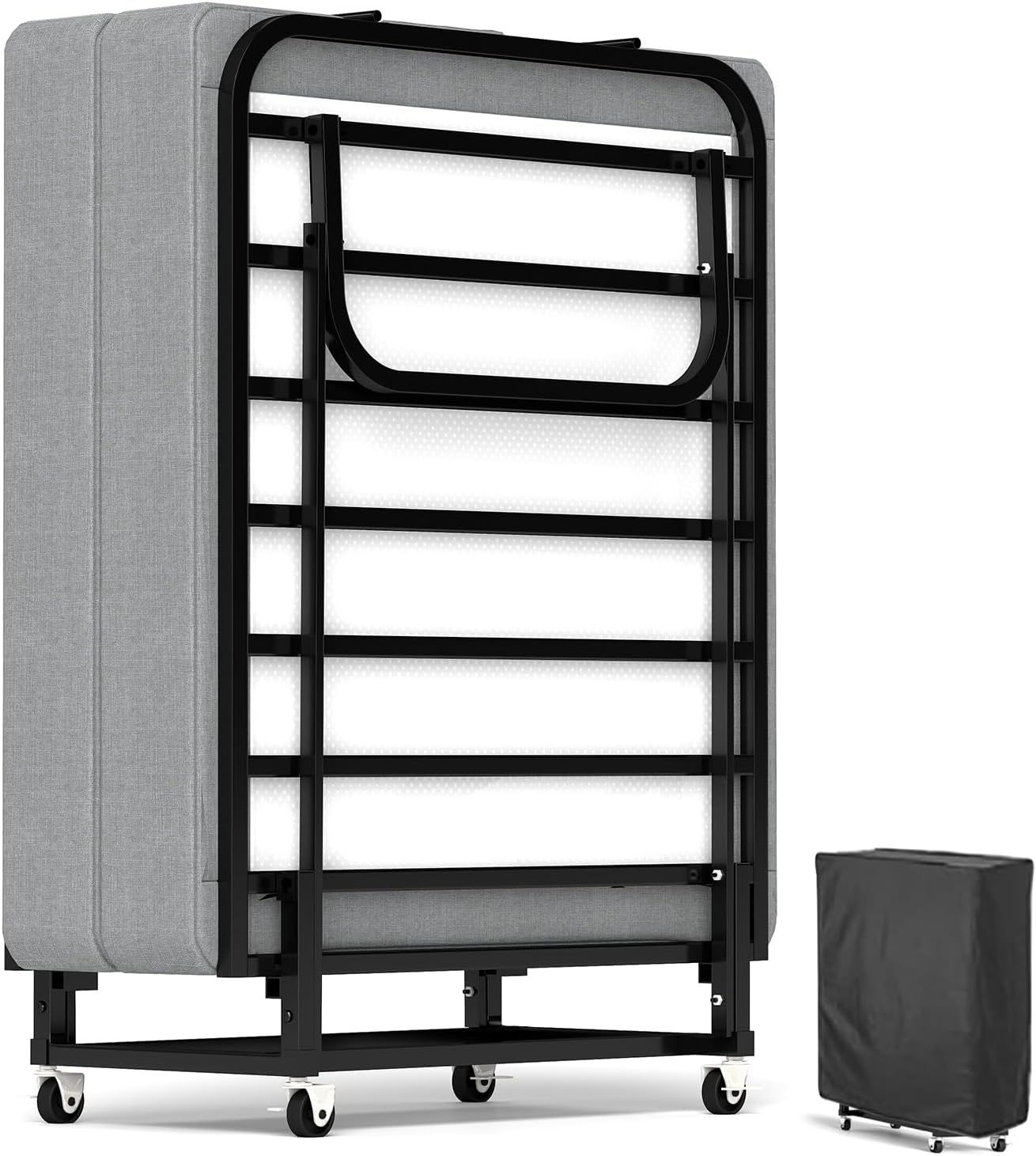 Folding Bed with Mattress, Portable Foldable Bed for Adults, Roll Away Guest on Wheels, Memory Foam Mattress and Metal Frame, Space Saving Fold Up for Easy Storage