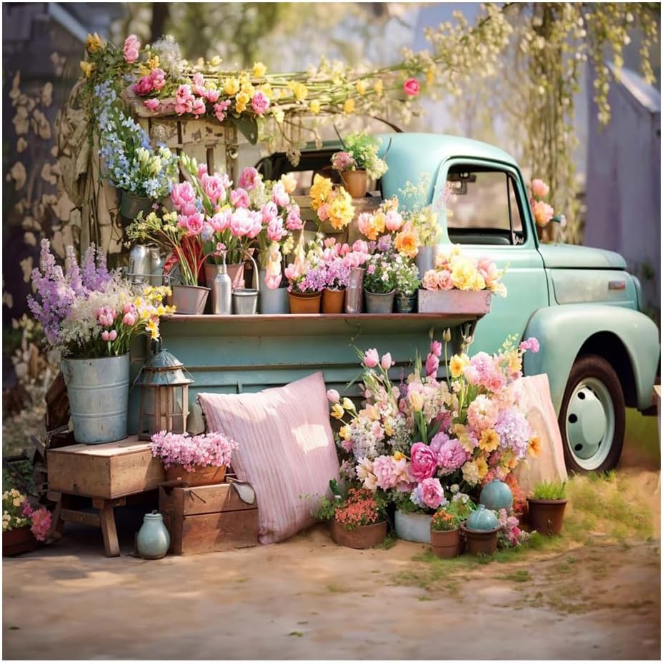 Kate 8x8ft Spring Garden Coloful Flowers Photo Backdrops for Photography Green Pickup Truck Decor Flowers Shop Baby Shower Kids Birthday Party Photographic Background