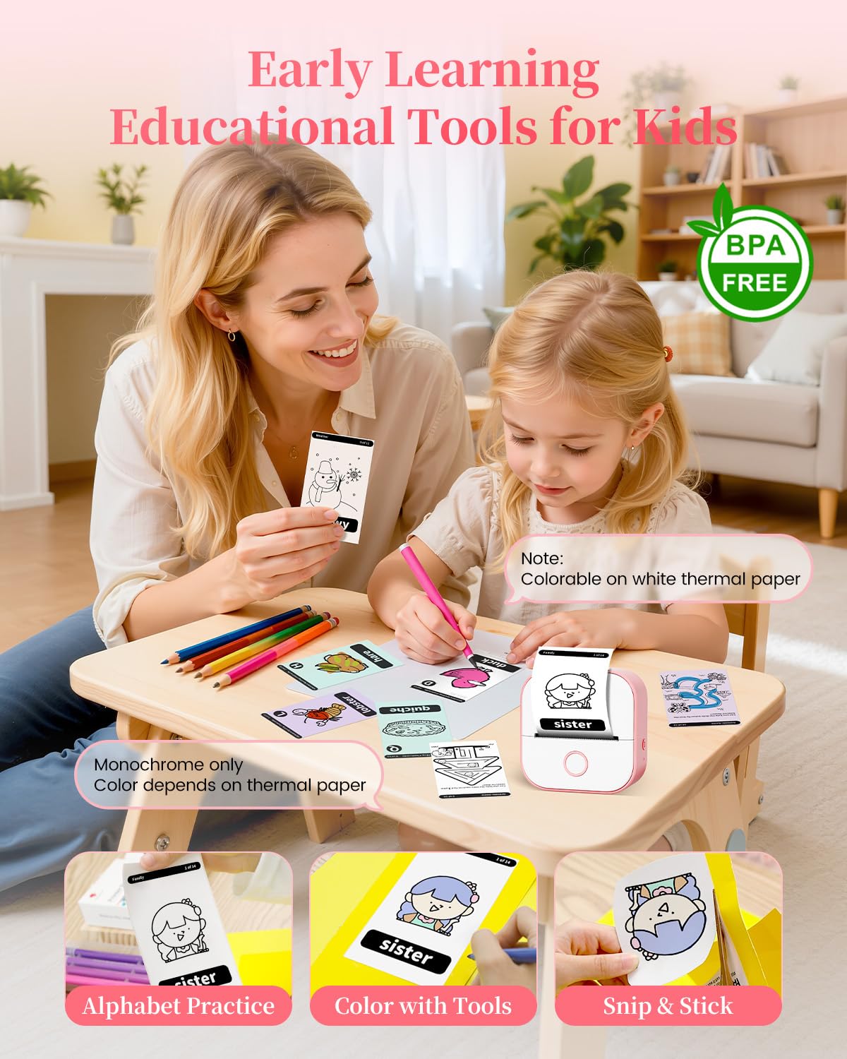 Adesiva Mini Stampante Termica con 6 Rotoli di Carta - T02 Stampante, Rosa | Portatile Bluetooth Sticker Printer per Studio, Note, Immagini, Foto, Diari, fai da te, Compatibile con Telefono e Tablet