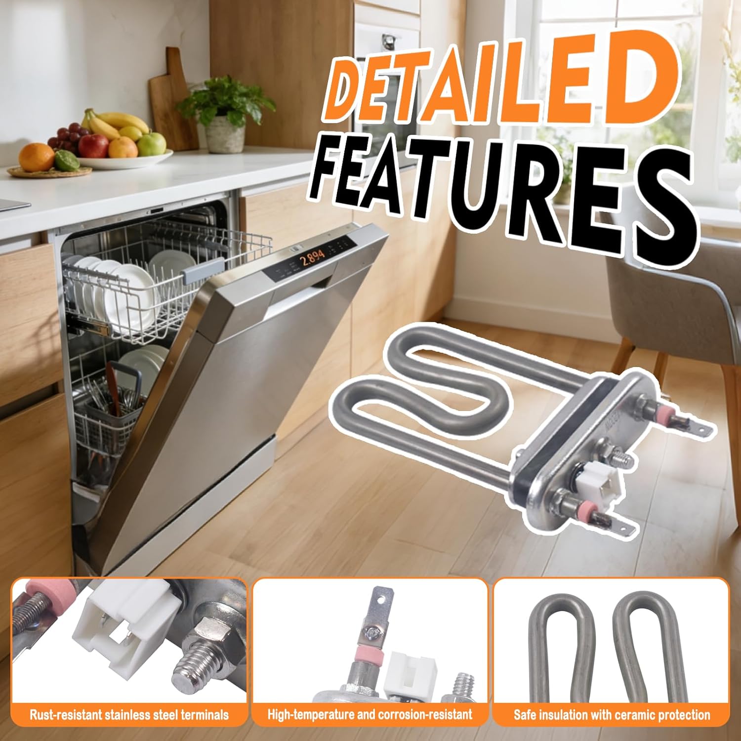 AEG72950001 Dishwasher Heater Assembly | Replaces 2657686, PS7788065 | Compatible with LG/AEG Dishwashers (LDF5545ST, LDS5811ST, L8FEC9412N) | Stainless Steel Heating Coil