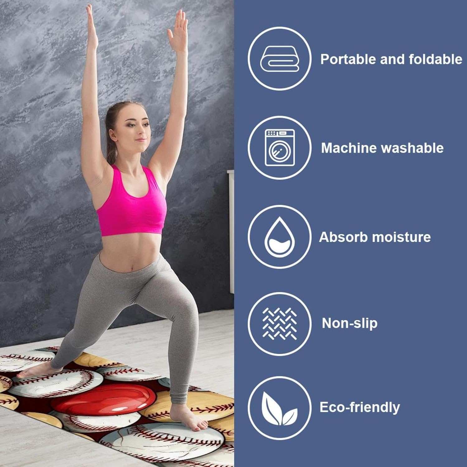 Yoga Towel, Baseball Pattern Non Slip Sweat Absorbent Hot Yoga Mat Towel for Hot Yoga, Pilates and Fitness - 72.8" x 26.8"