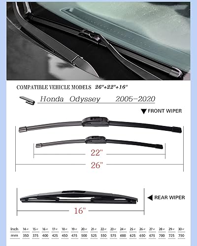Miniatura 8 de Juego de 3 limpiaparabrisas de repuesto para Honda Odyssey 2005-2022, juego de limpiaparabrisas de 26 + 22 + 16 pulgadas (juego de 3) gancho UJ