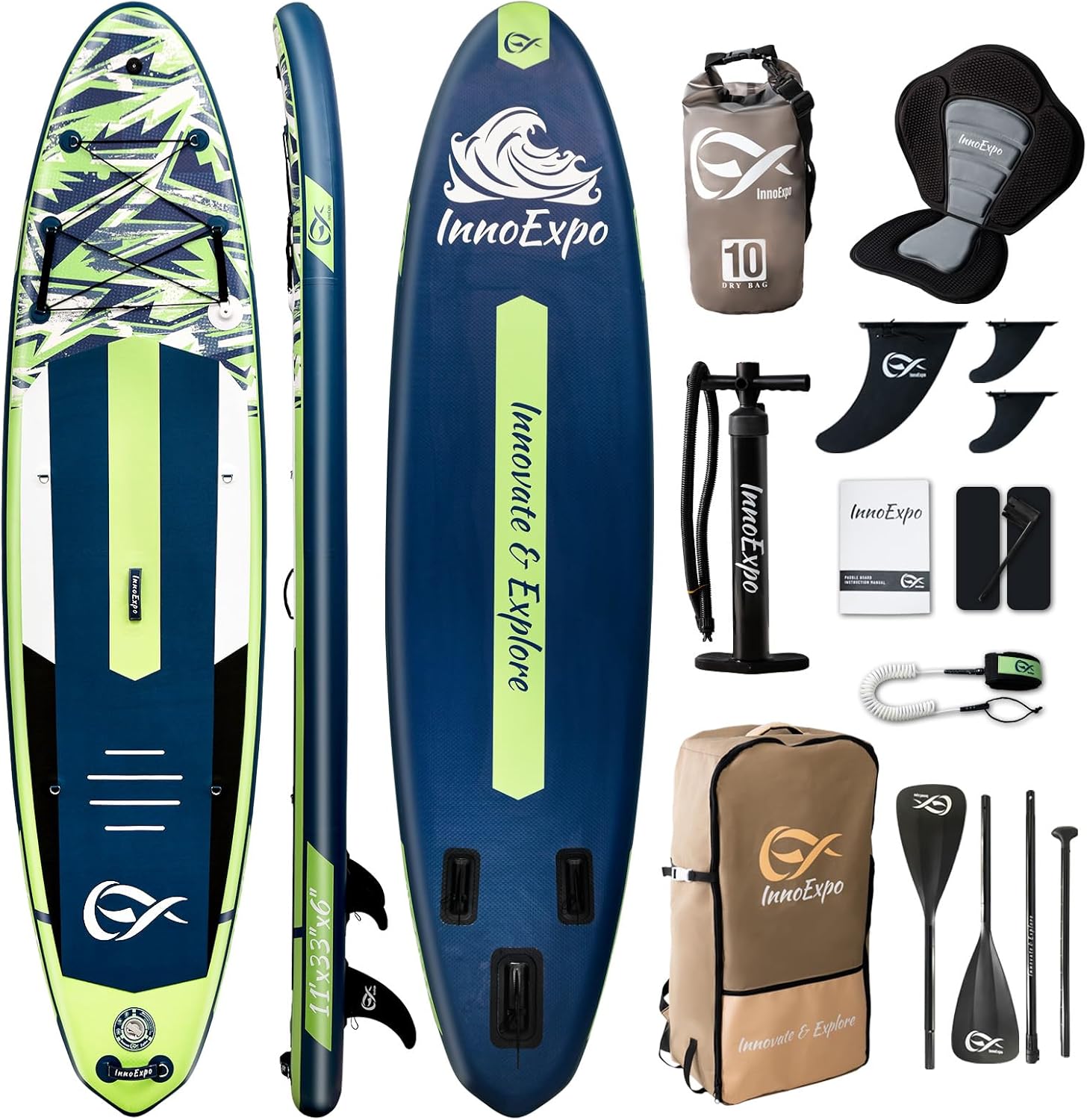 InnoExpo 11′ Inflatable Stand Up Paddle Boards with Premium Accessories, Wide Stable SUP Paddle Board Design, Non-Slip Comfort Deck for Youth & Adults