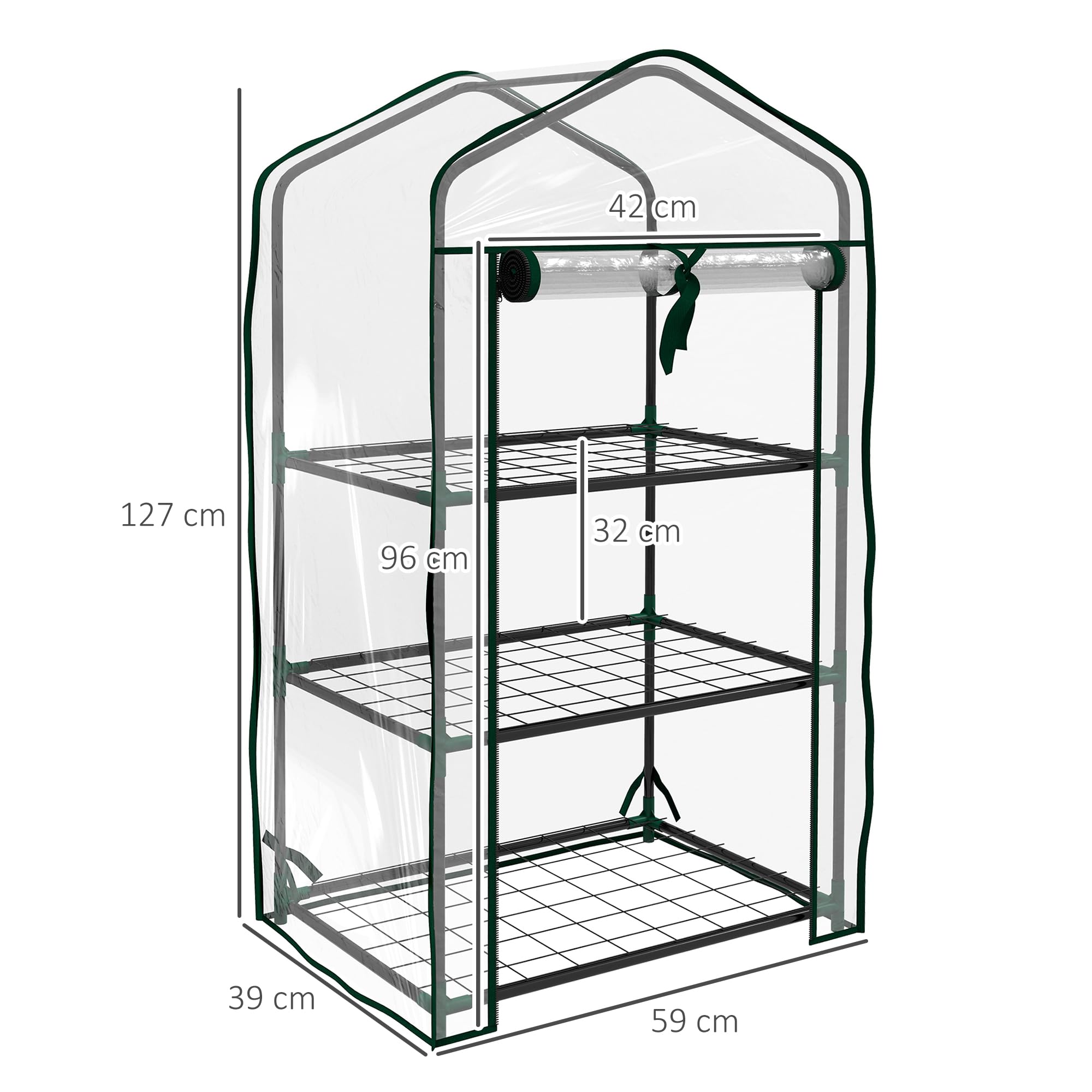Outsunny Invernadero de Jardín de 3 Niveles Invernadero de Terraza con 3 Estantes Puerta con Cremallera Marco de Acero y Cubierta de PVC para Cultivo de Plantas Flores 59x39x127 cm Transparente