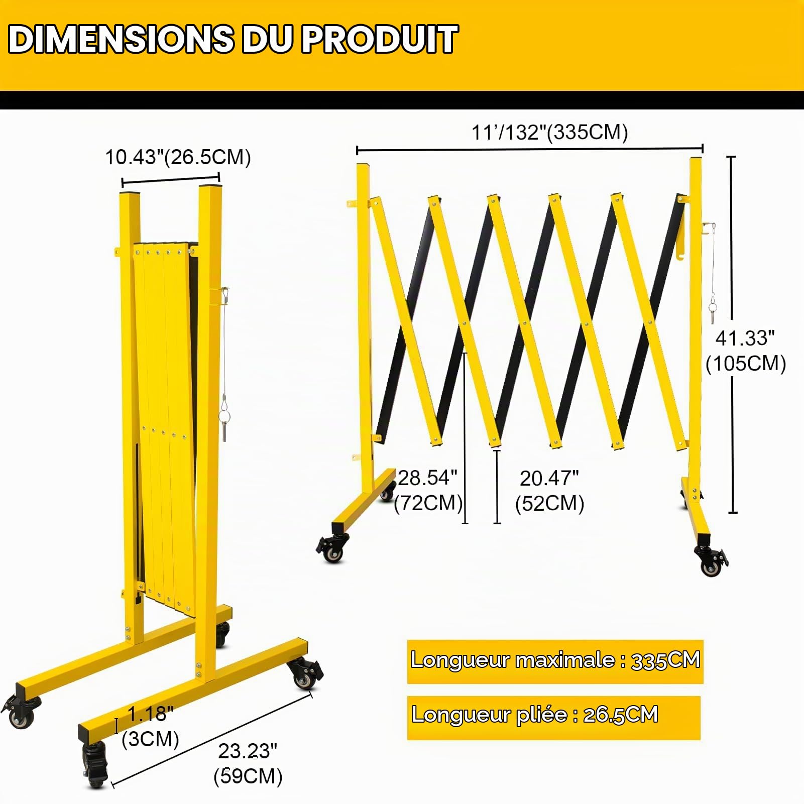 Barrière de Sécurité Rétractable 3m, 1.5 m H Barriere Extensibleen en Acier, Barrière à Ciseaux avec Cadenas et Roues Verrouillables, Identification de Sécurité pour Parking Maison Chantier, Jaune