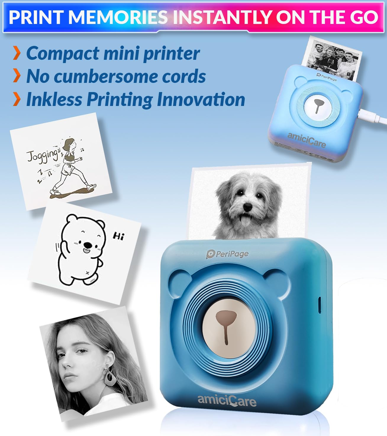 amiciCare Mini Printer, Wireless Portable Ink-Less Thermal Printer with Bluetooth Phone App Connectivity