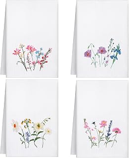 Geyoga 4 Pack Spring Floral Embroidered Fingertip Hand Towels - Wildflower Kitchen Bathroom Tea Towels for Farmhouse Easter Decor Gifts