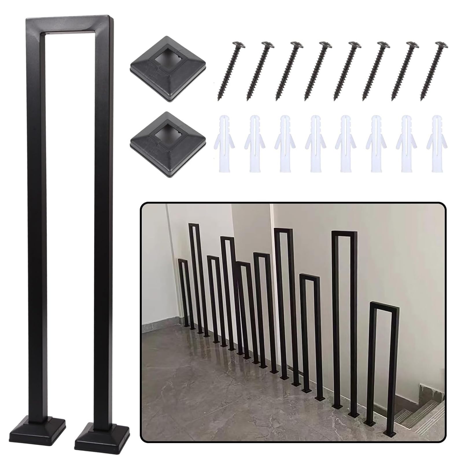 Barandilla de Escalera Forma de U, Barandillas Escaleras Interior, Pasamanos de Metal, Baranda para Escaleras, el hogar, Apartamento, Negro(Instalada Verticalmente,95cm)