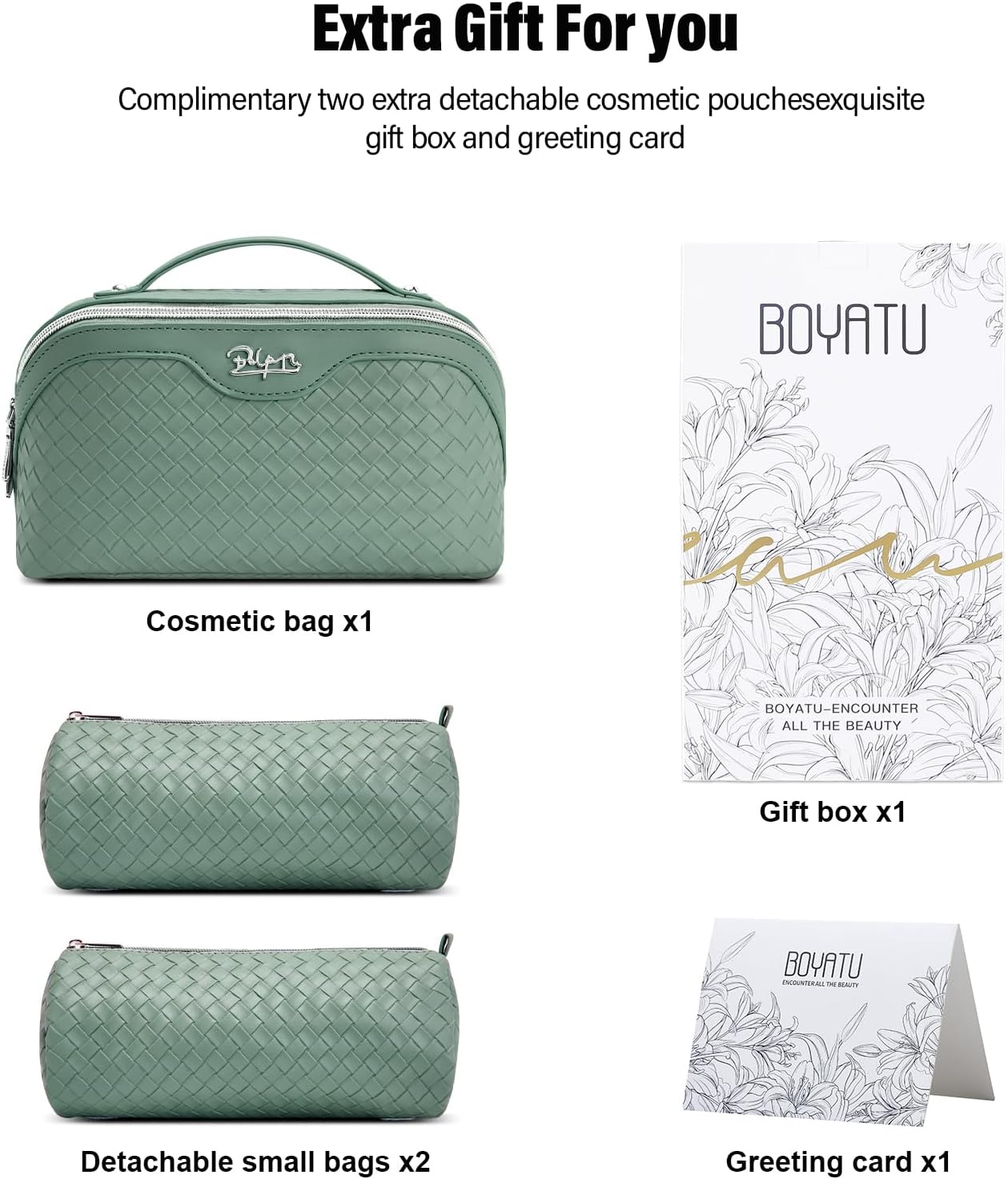 BOYATU Travel Makeup Bag Cosmetic Bags for Women: Large Capacity 3 Pcs Set Make up Bag with Compartments - Waterproof Vegan Leather Toiletry Organizer Bags with Handle (L36 Grass Green) - Image 6