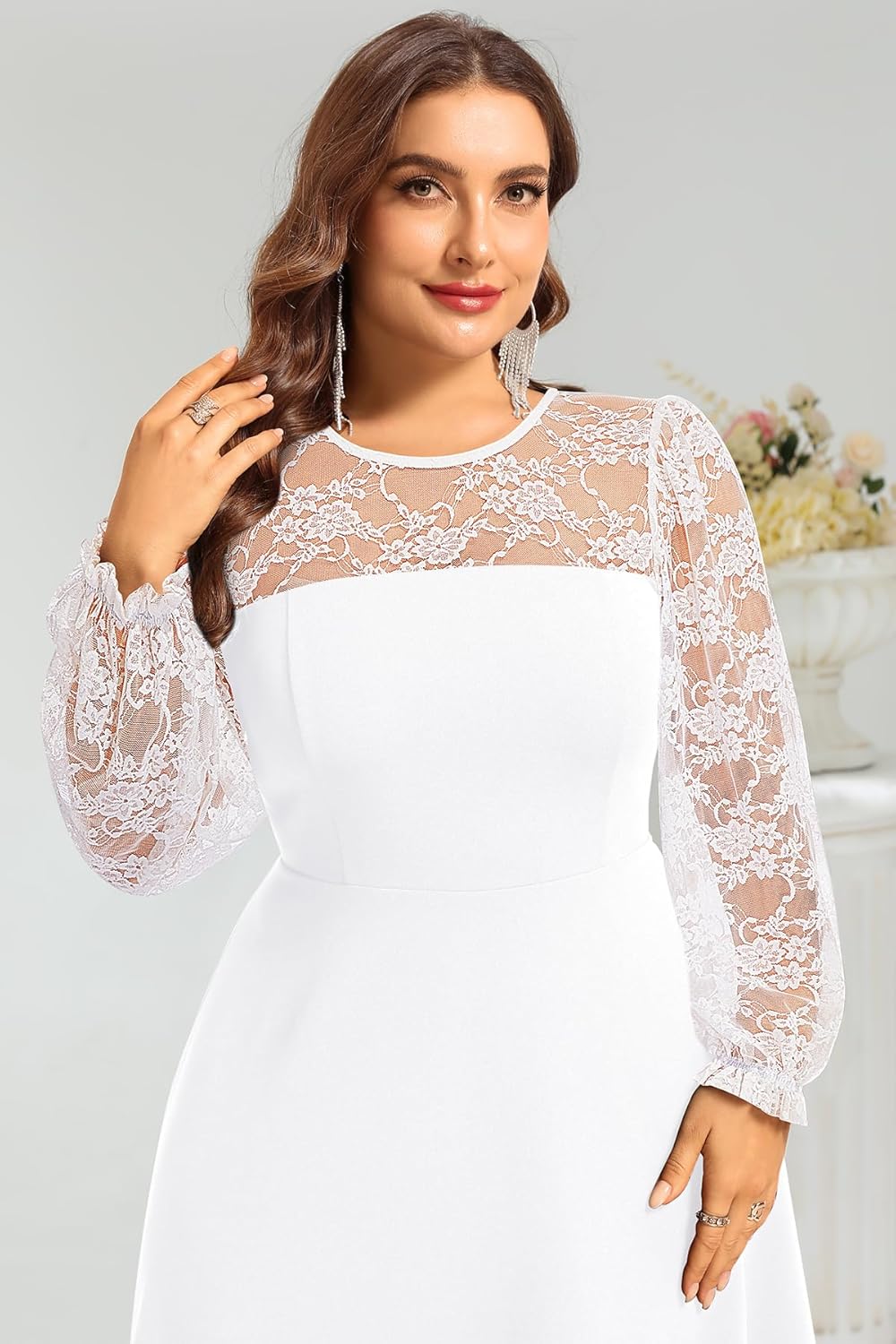 Plus Size Cocktail Dress - Lace Wedding Guest Party Crew Neck Short A Line Dresses Women - Image 5