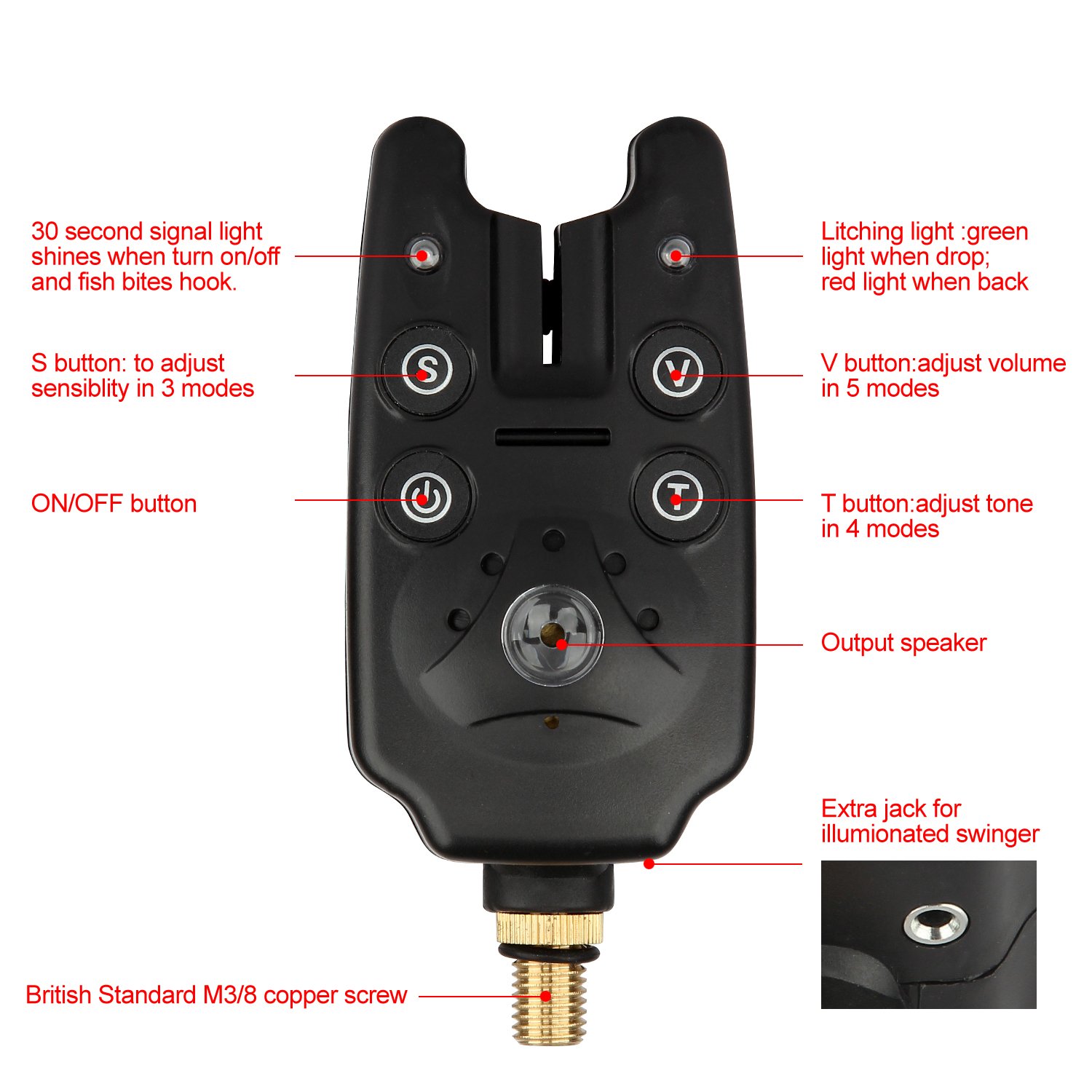 Alarmas de pesca, 3 piezas por juego, Original, con luz y sonido, para mordida, con 1 salida a altavoz y un indicador de cierre con 2 LEDs, función ajustable: 3 modos de sensibilidad, 4 modos de tono y 5 modos de volumen, de Discoball