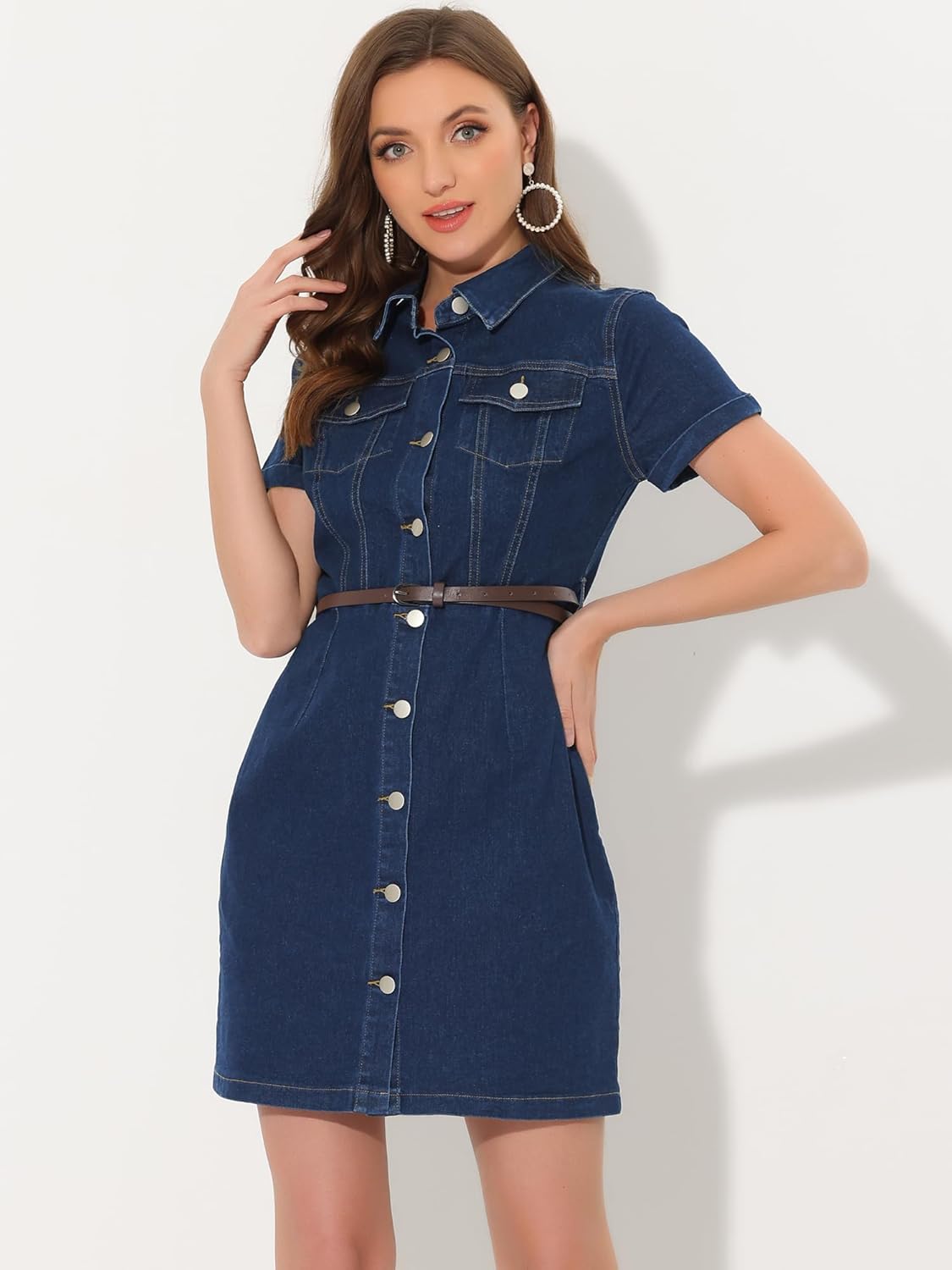 Allegra K Women's Denim Shirt Dress Collar Short Sleeve Belted Button Up Jean Dresses - Image 2