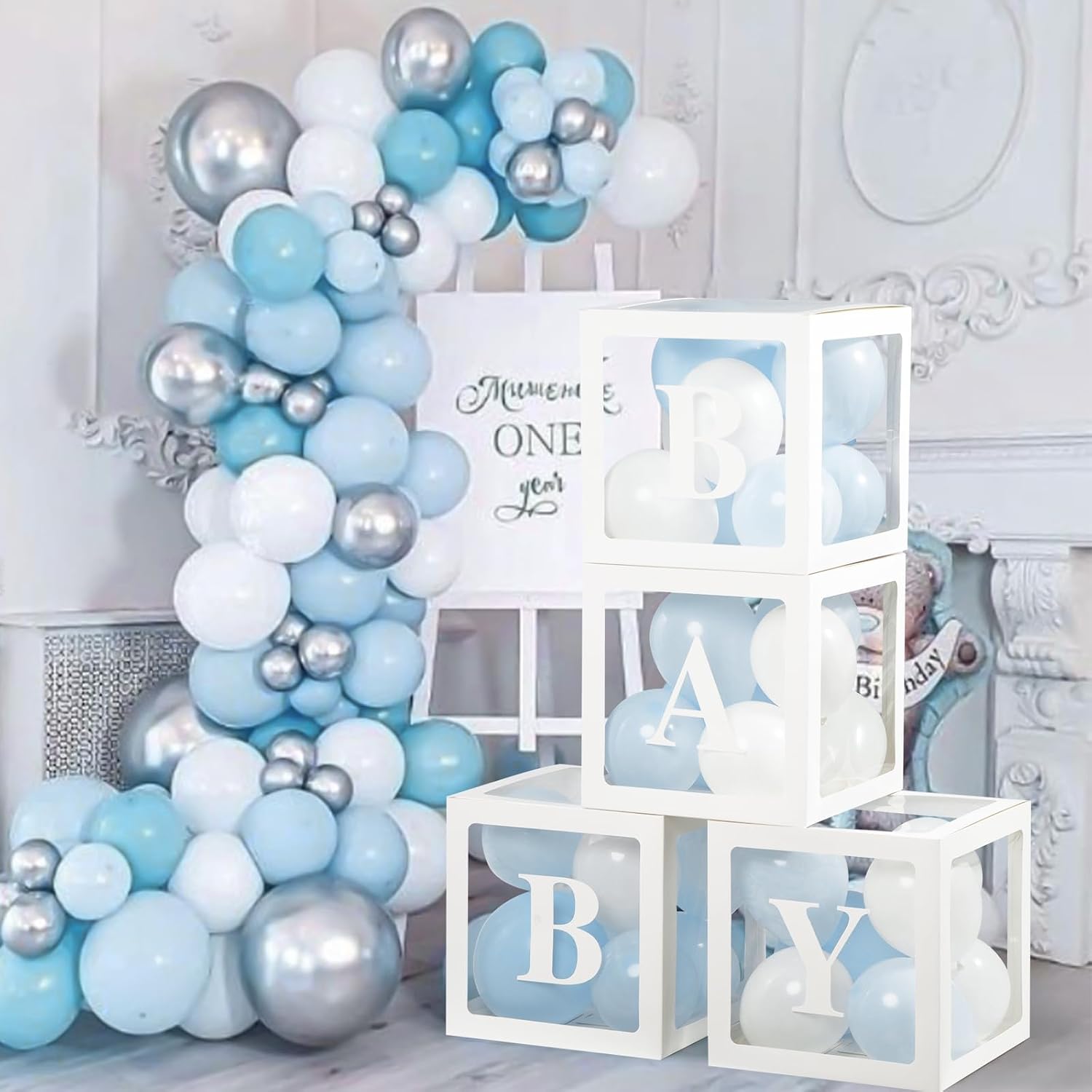 Voircoloria Baby Shower Decorations, 4pcs Transparent Balloon Boxes with Letters, Blue & White, Includes 36 Balloons & Adhesive Dots image 3