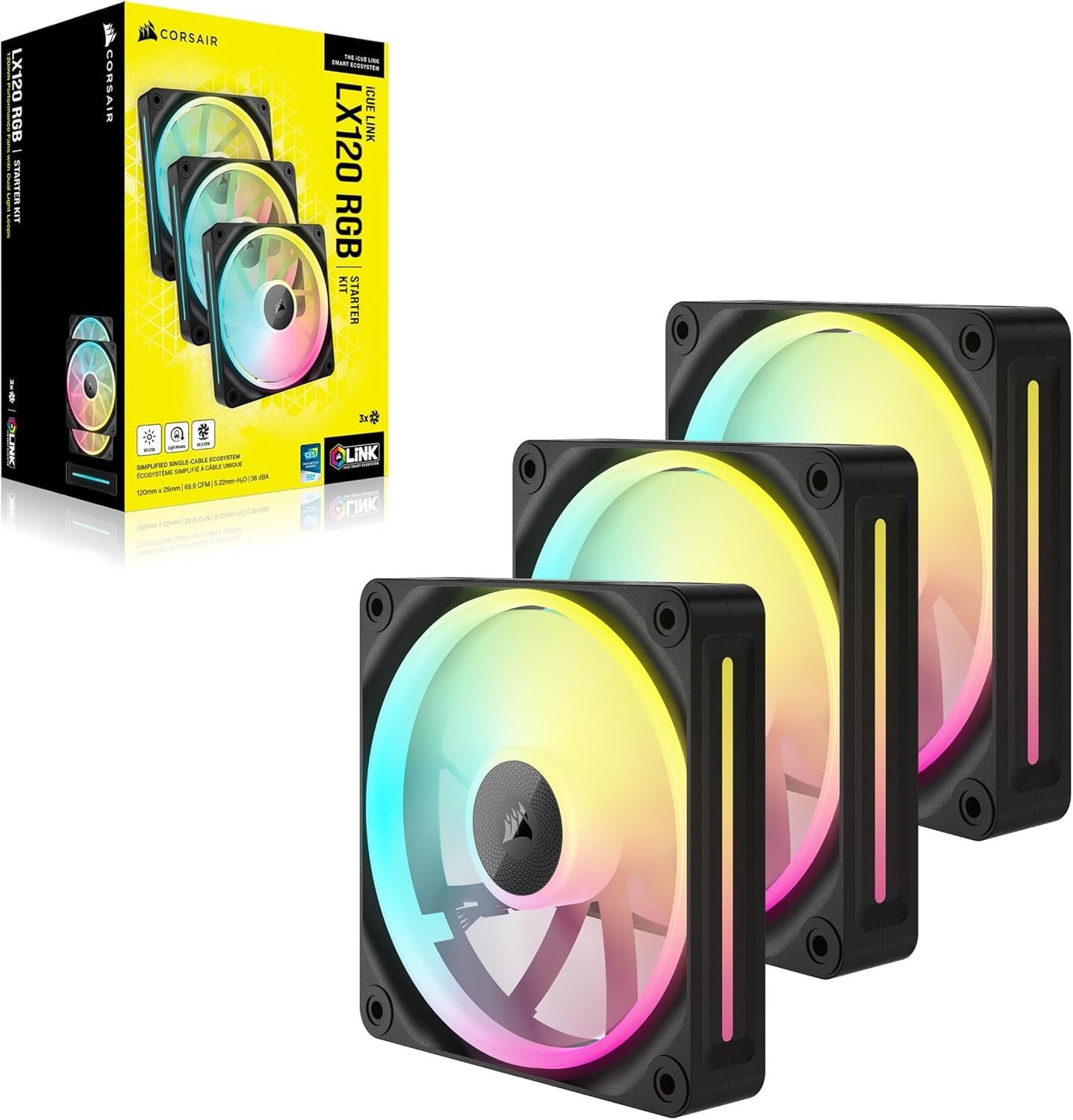 CORSAIR iCUE Link LX120 RGB 120 mm PWM Ventilateurs Paquet Triple – Double Boucles Lumineuses – Inclut iCUE Link System Hub – Technologie CORSAIR AirGuide – Noir