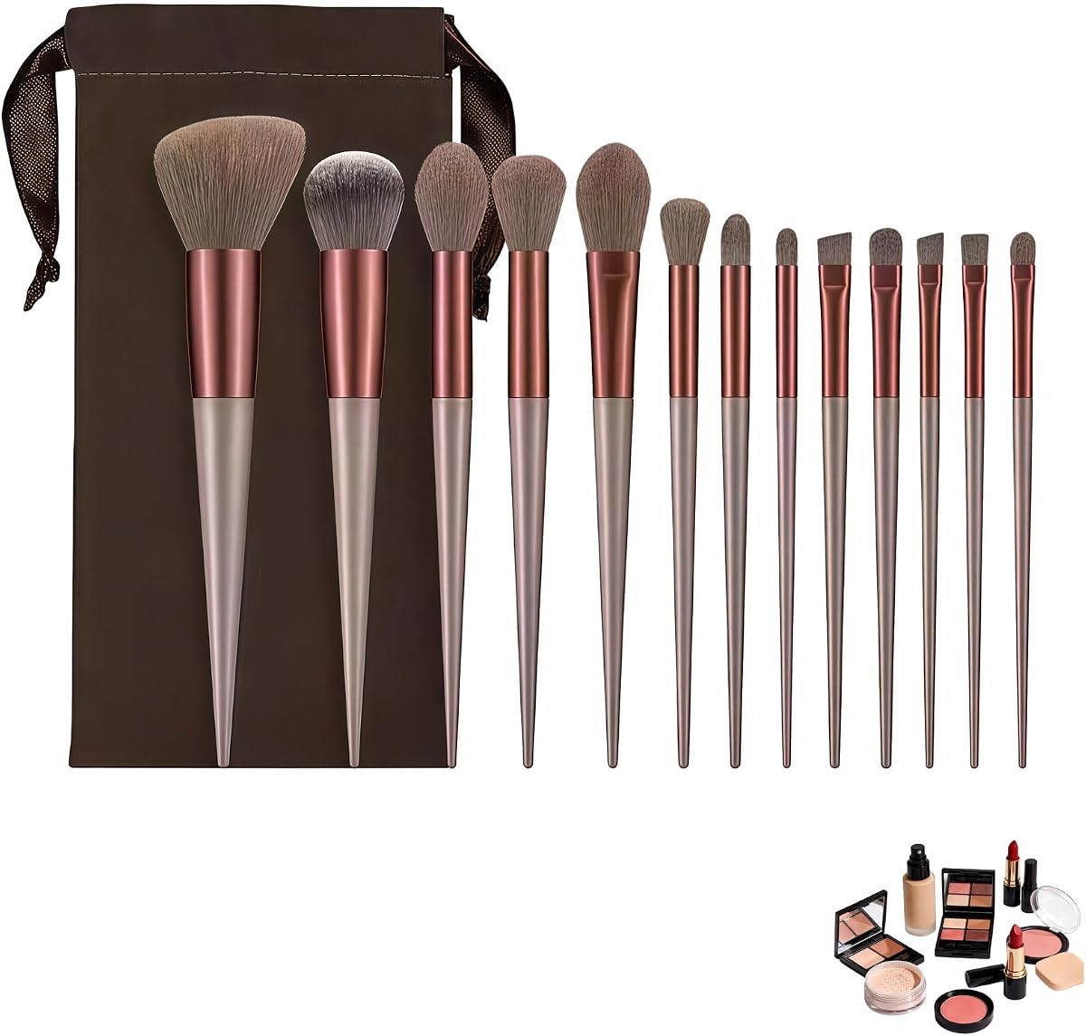 Makeup Brush Set, 13 Piece Professional Cosmetic Brushes with Pouch, Synthetic Bristles, Hypoallergenic for Face and Eye Application, Face & Eye Brush Set for Beginners to Pros (Brown)
