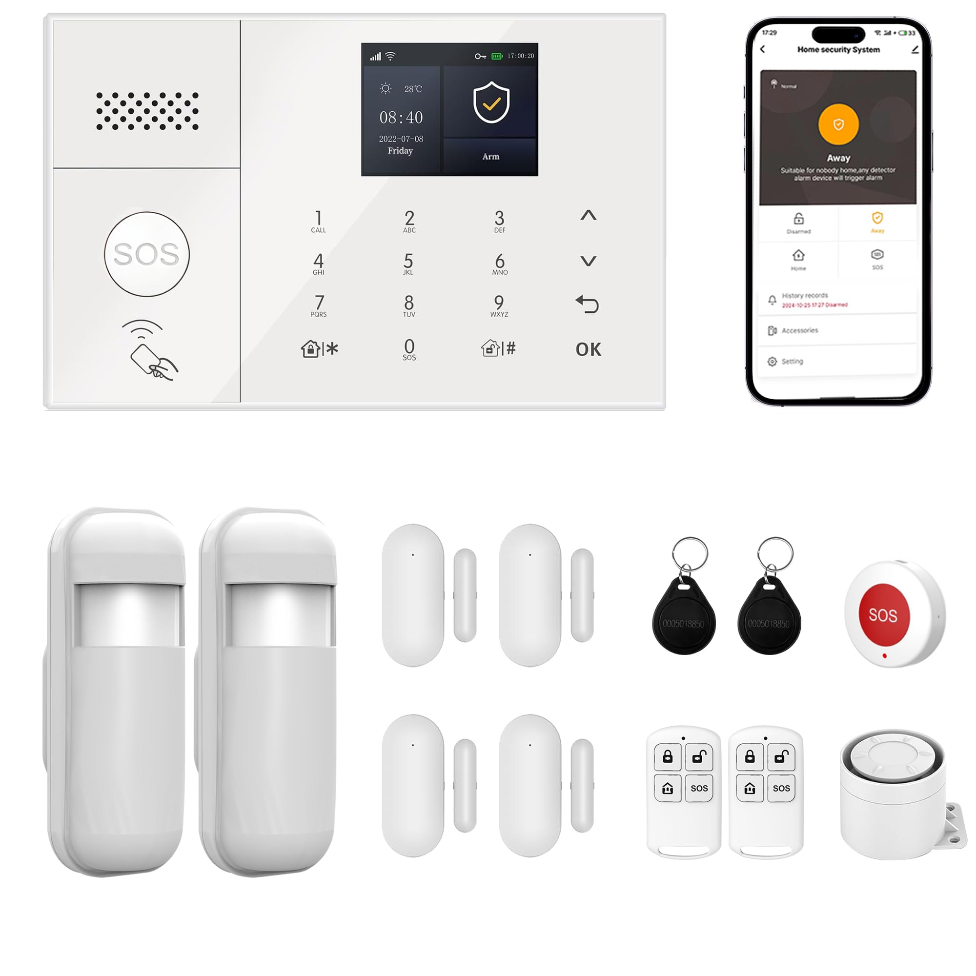 Système d'Alarme Maison, Alarme Détecteurs de Mouvement, Capteurs de Porte/Fenêtre, Boutons SOS,Commande à Distance, Protection Anti-Intrusion pour Maison (13pcs Kits)