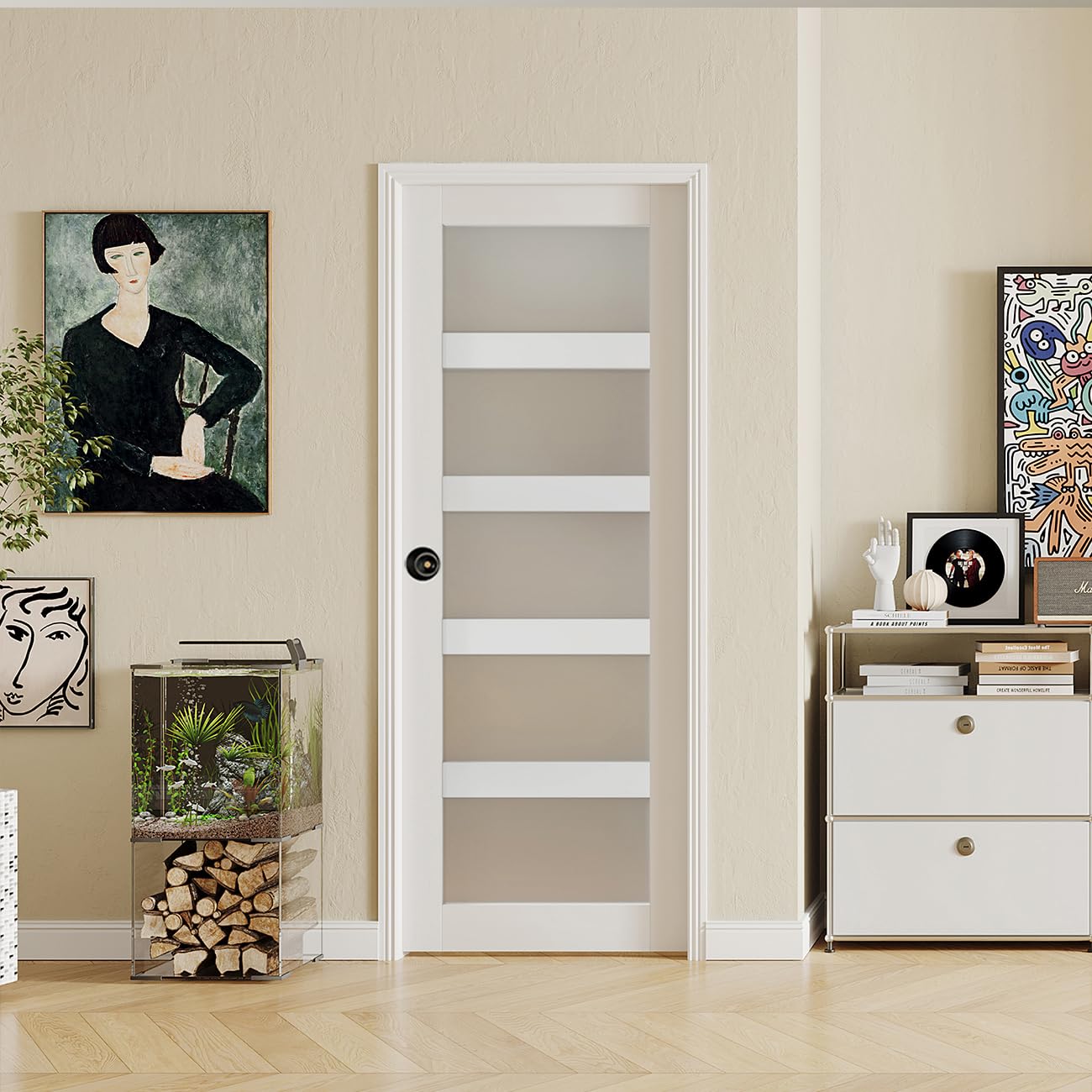30"x 80" Frosted Glass French Door Slab, White 5 Lite Pantry Door with Black Knobs &amp; Lock, Easy to Assemble Interior Doors for Bathroom, Bedroom, Laundry