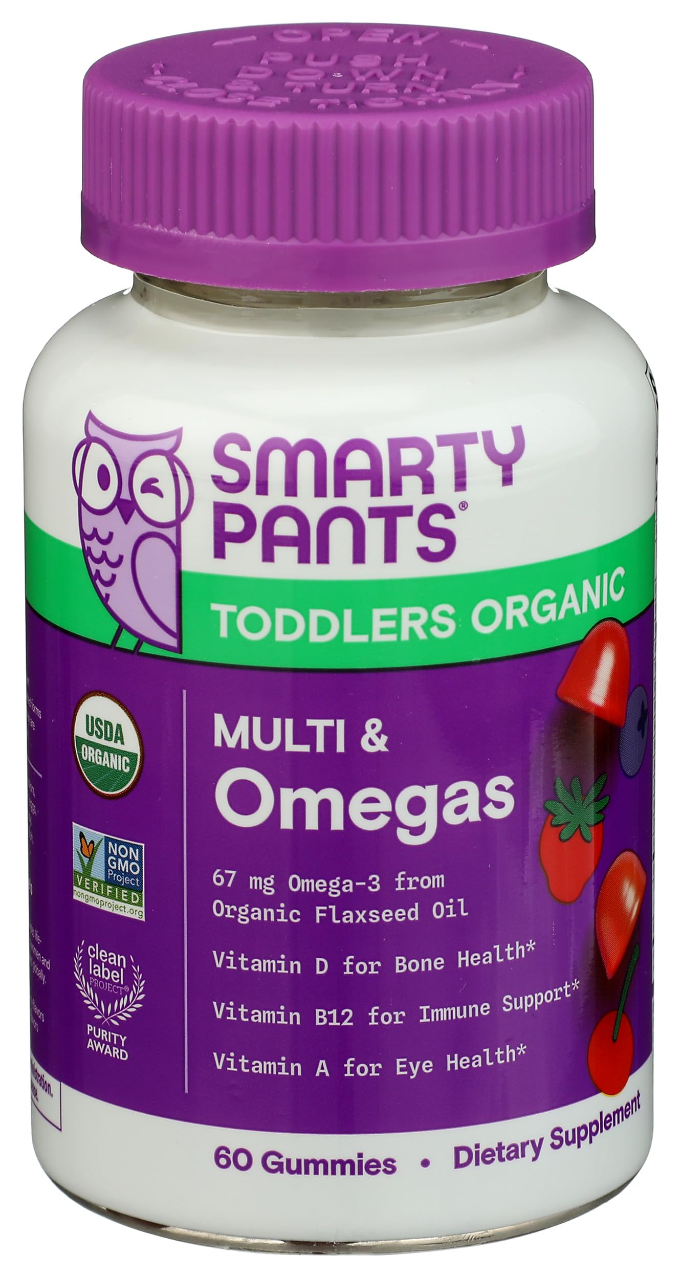 SmartyPants Organic Toddler Multivitamin Gummies: Probiotics, Omega 3 (ALA), Vitamin D3, C, Vitamin B12, B6, A, K & Zinc, Beta Carotene, Gluten Free, Three Fruit Flavors, 60 Count (30 Day Supply)USDA Organic