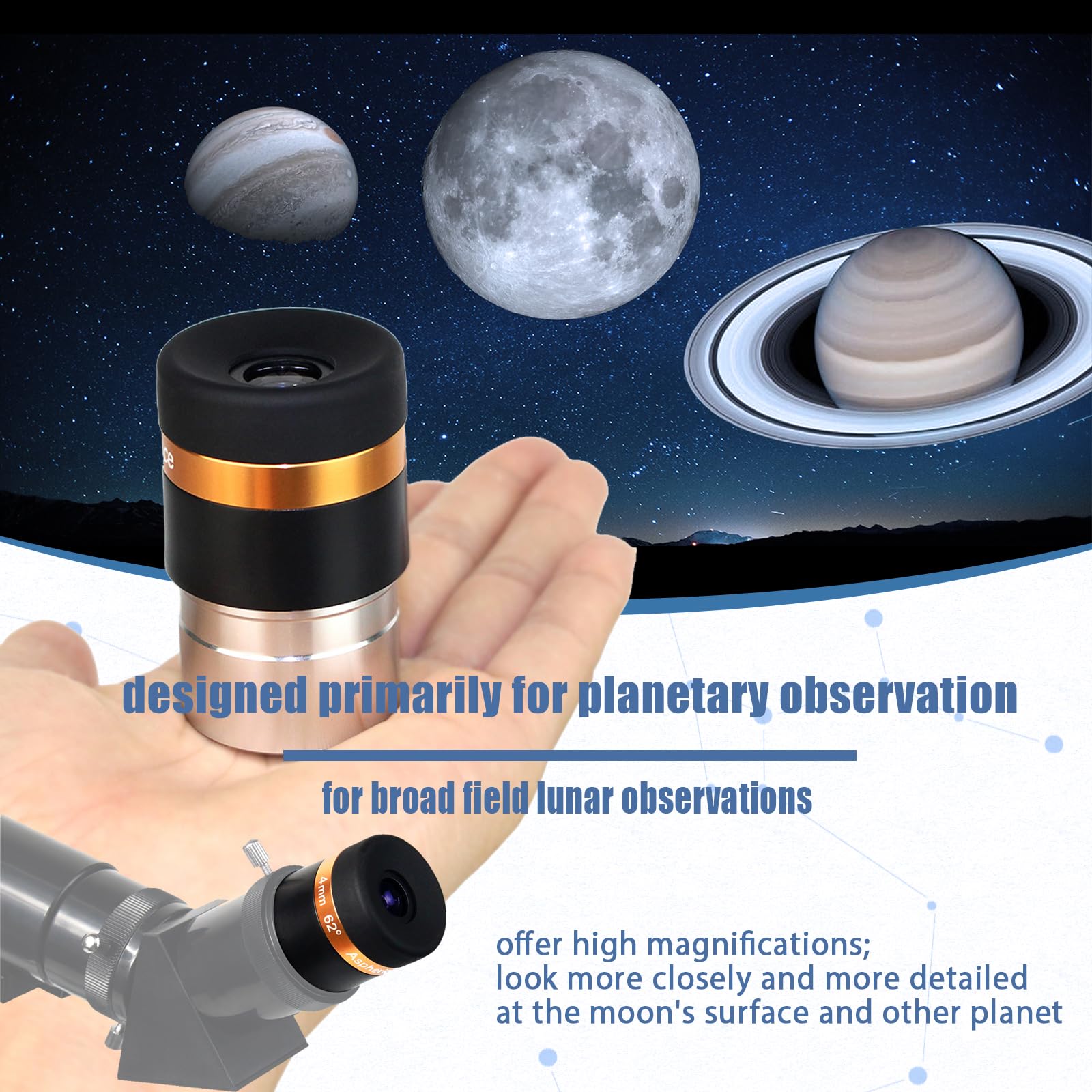 Svbony 1,25" Okular 4mm 62° Szeroki Kąt Asferyczny | Pełni Powlekany, HD Soczewka Asferyczna, z Gwintem Filtra, do Obserwacji Planetarnych Księżyca Jowisza