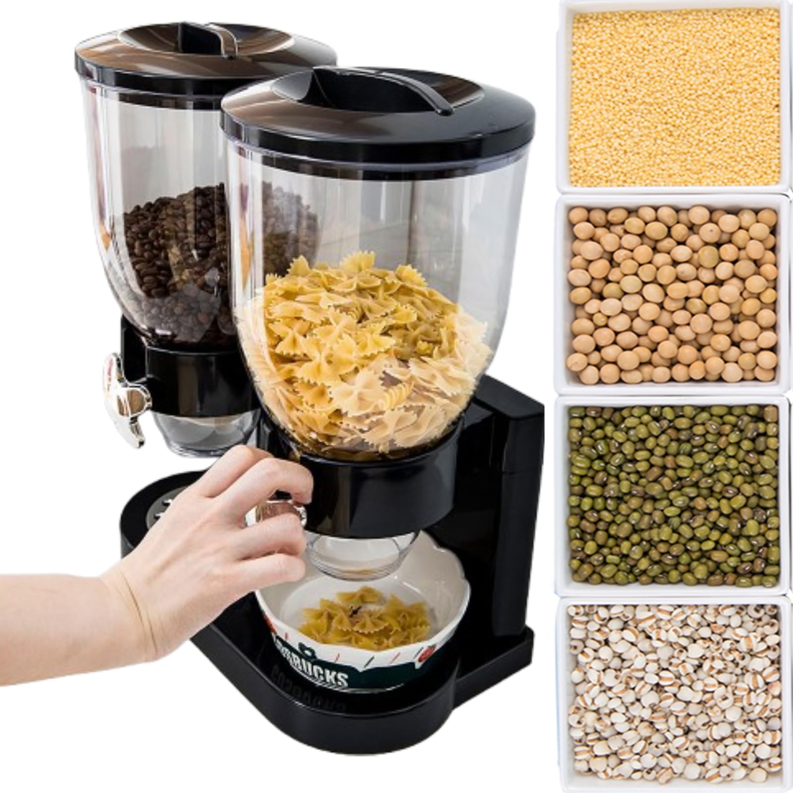 Doble Dispensador de cereales, Cornflakes Dispenser, Contenedores de cereales - Con 2 envases, Desayuno - Herramientas de cocina (negro)