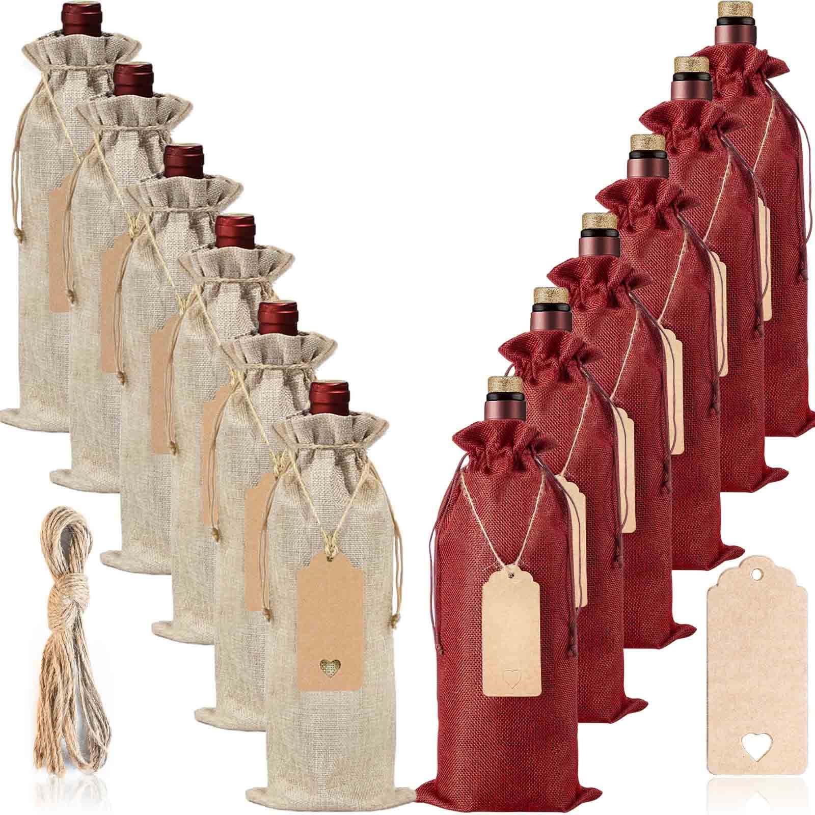 Lot De 6 Sacs à Bouteille En Toile De Jute - Rouge Et Naturel - Avec étiquettes Et Ficelles Pour Cadeaux (vin, Champagne)