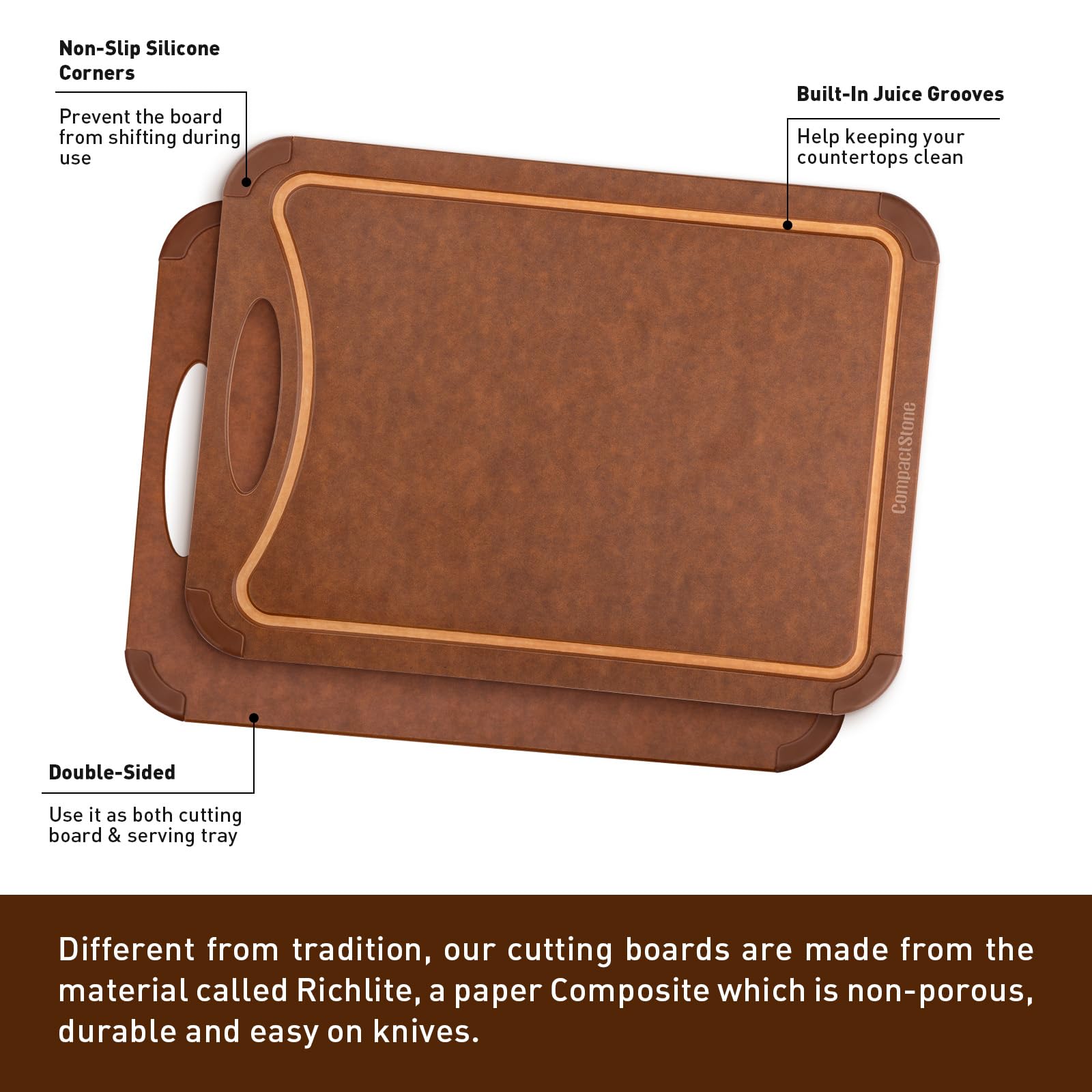 Tabla de cortar con patas antideslizantes y ranura para jugos para cocina, compuesto de fibra de madera, 17.3 x 12.8 pulgadas, marrón