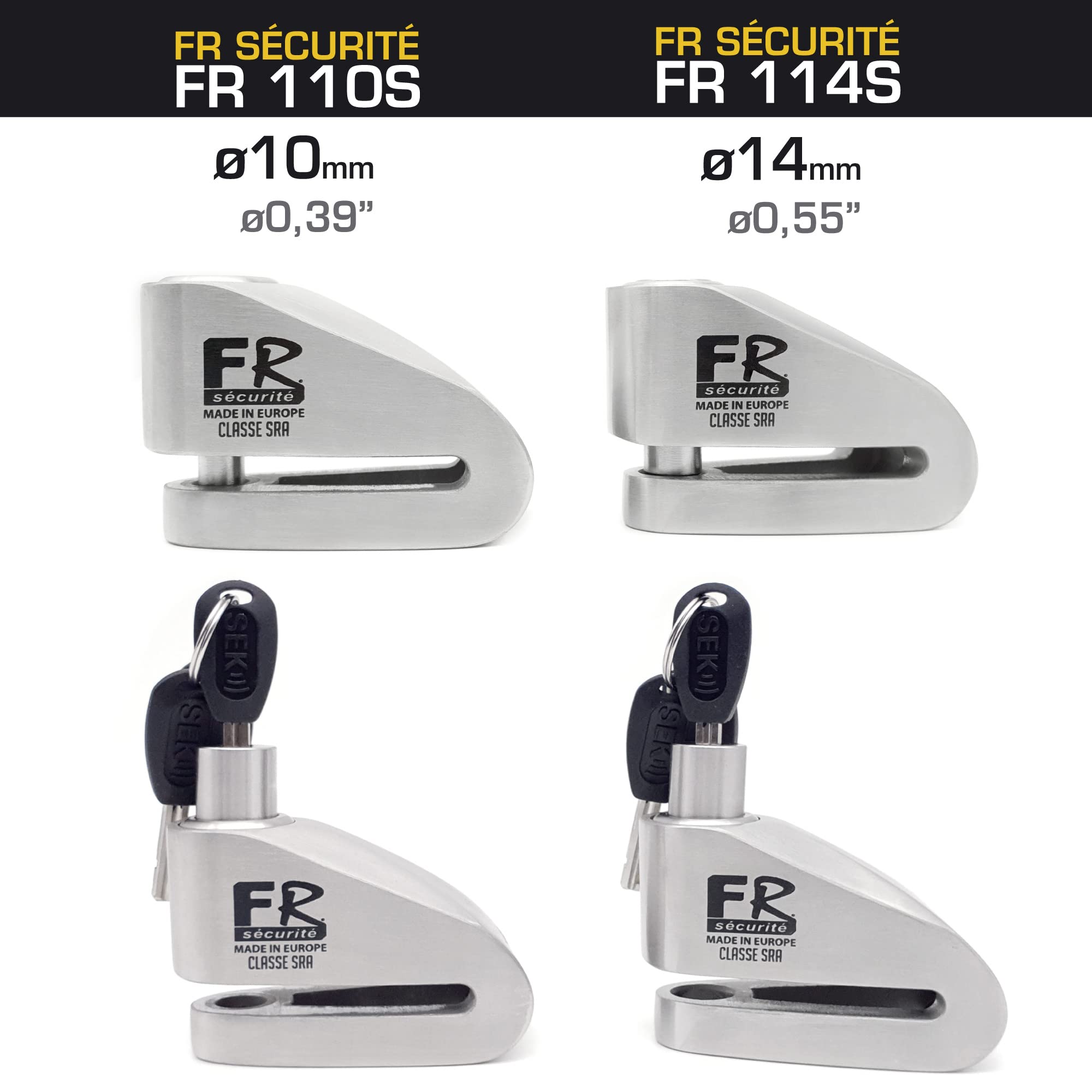 FR SECURITE FR114S Bloccadisco Moto Omologato SRA, Doppia Serratura ø14mm, Serratura in Acciaio Inossidabile Alta Sicurezza, Cavo Promemoria, Lucchetto Antifurto Moto Pinza Scooter, Bicicletta