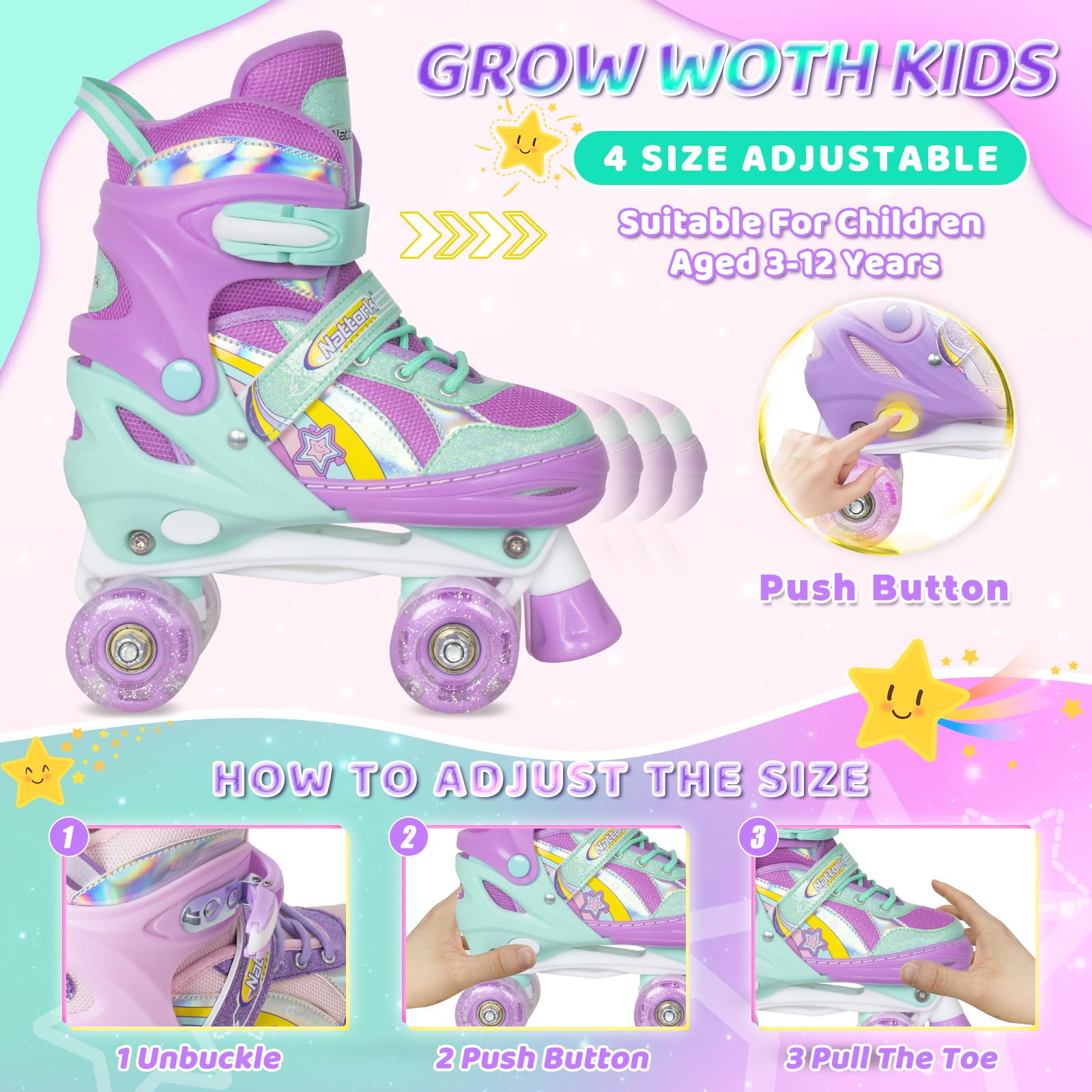 Nattork Girls Roller Skates for Kids, 4 Size Adjustable Rainbow Quad Skates with All Light Up Wheels - Best Birthday Gift for Outdoor Sports