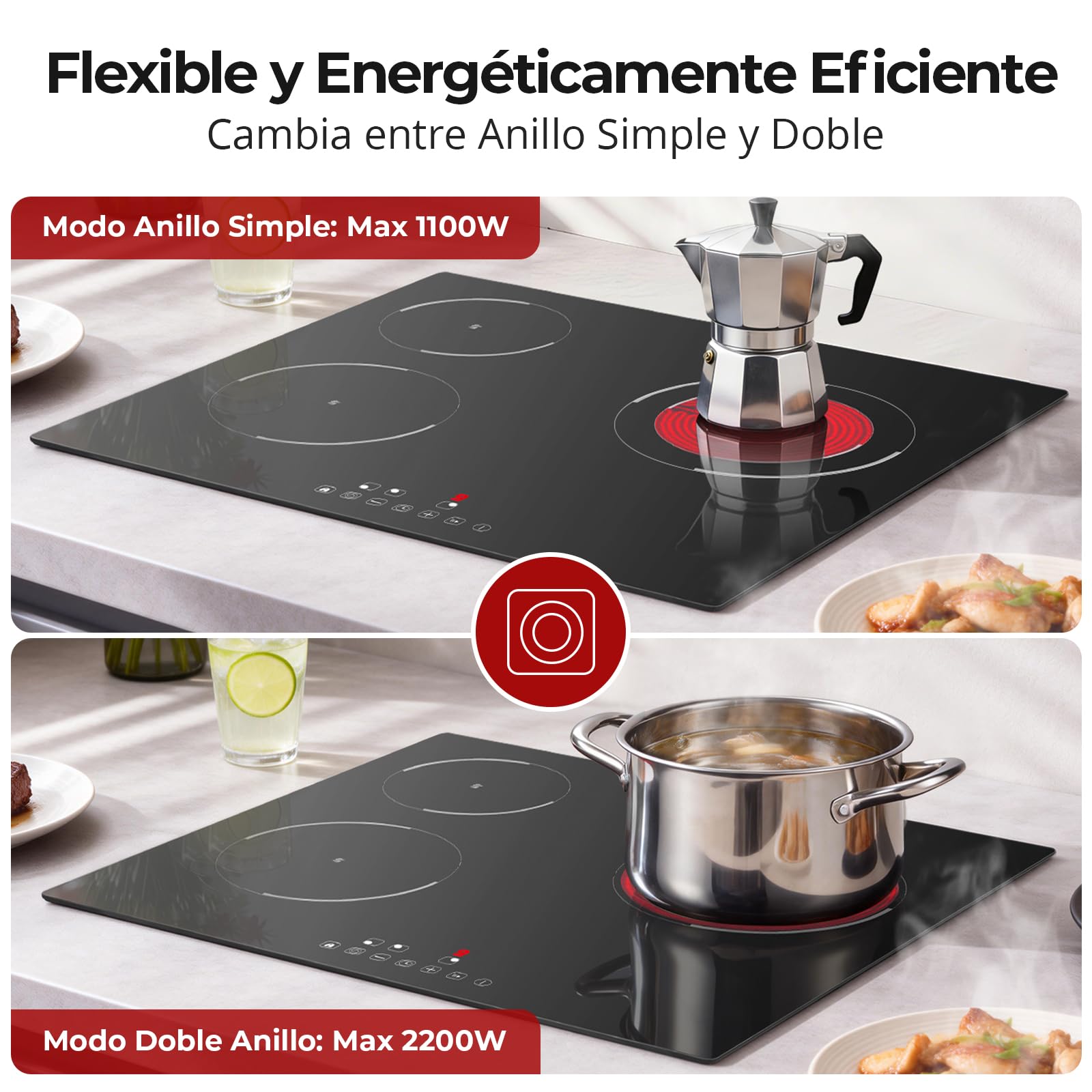 SNDOAS Placa Vitrocerámica 3 Fuegos 5200W, Vitroceramica 3 Zonas de Cocina (1200W+1800W+2200W), 9 Niveles de Calor, Seguridad para Niños, Temporizador 99 Min, Compatible con Todos los Utensilios — view 6