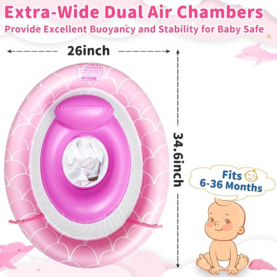Baby Float with Canopy for Age 6-36 Months, UPF50+ Sun Protection 4 Stage Adjustable Canopy Dual Air Chambers Adjustable Safety Seat Inflatable Swim Pool Float for Baby Toddler