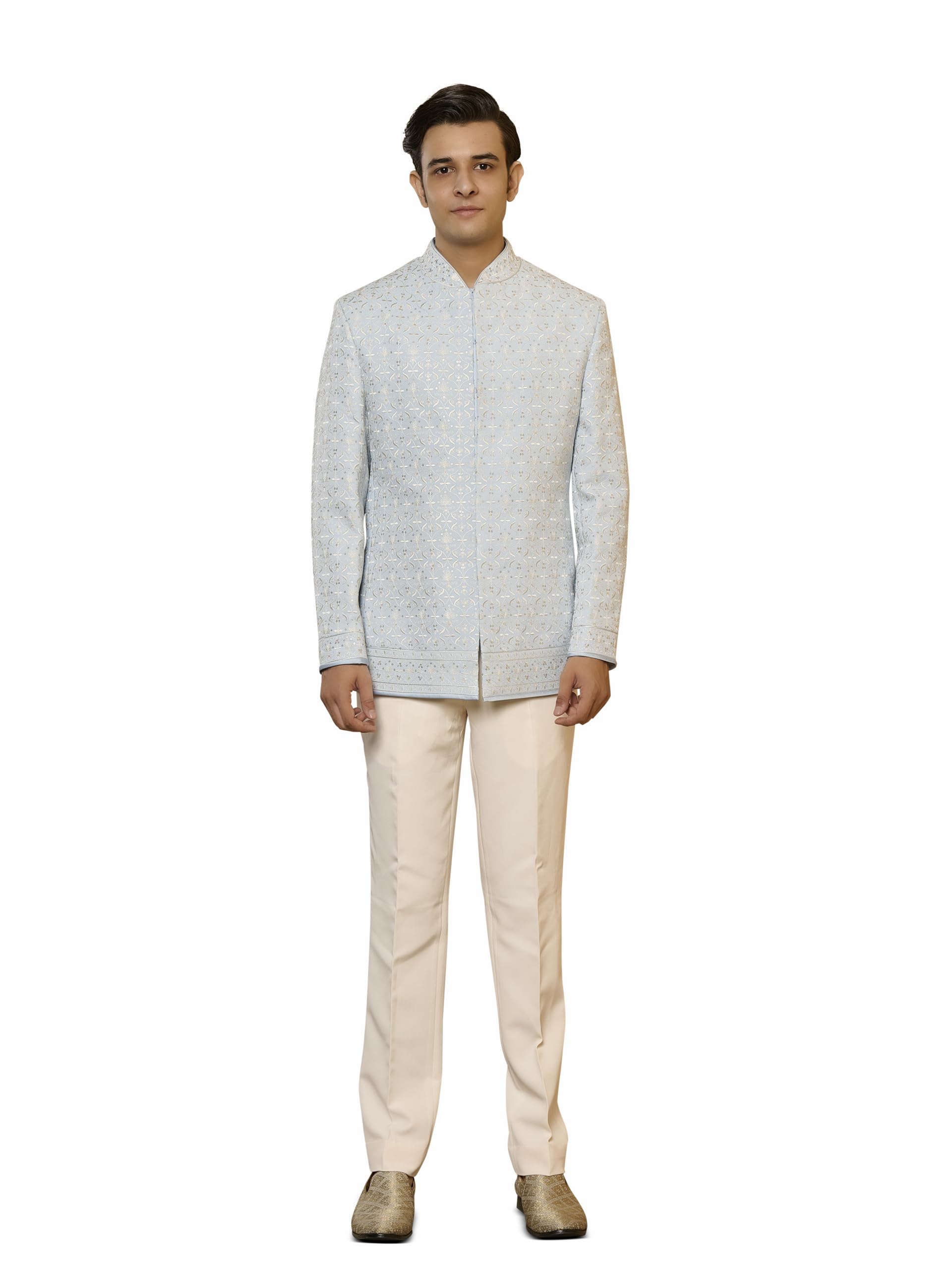 Light Blue Tonal Embroidered Bandhgala Set-image-49