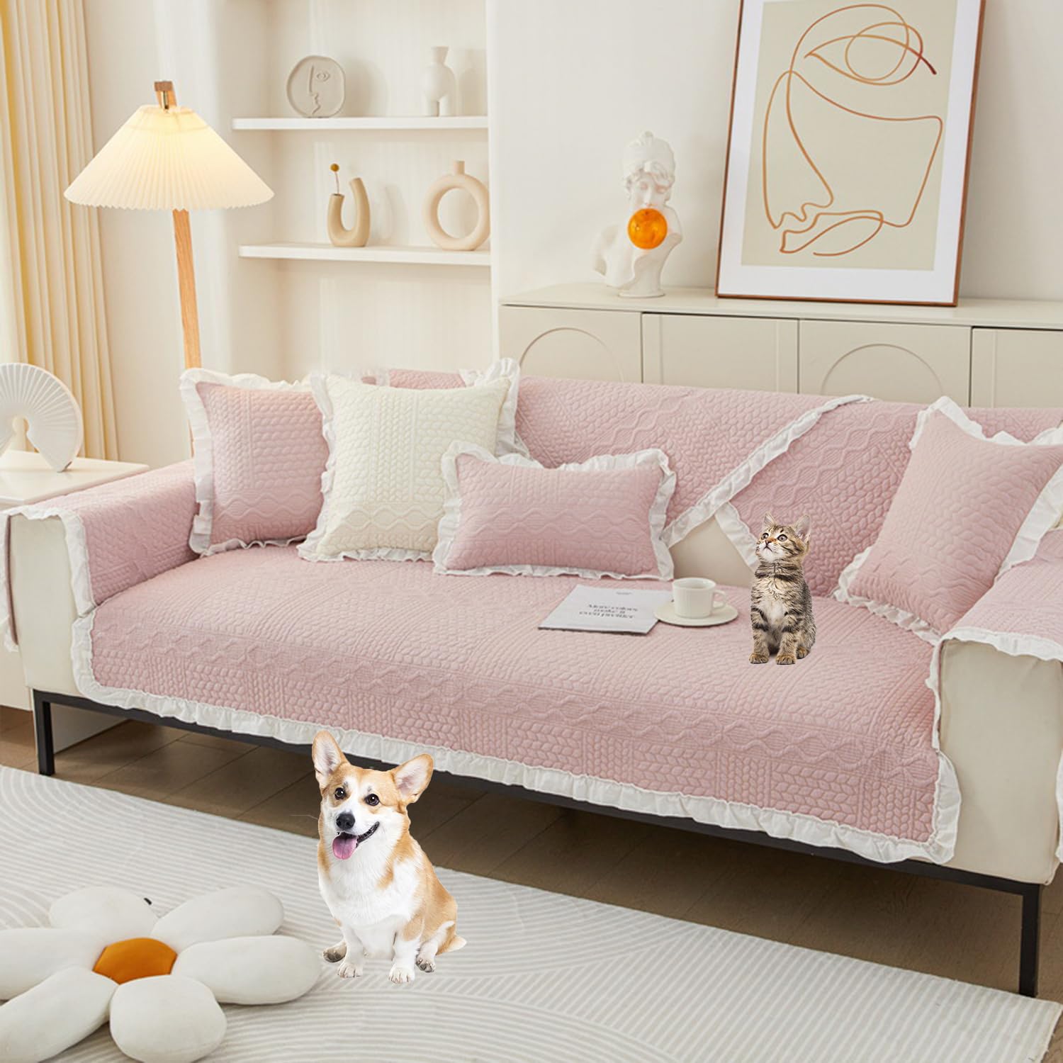 Housse de canapé sectionnel coton anti-glisse lavable 90x240