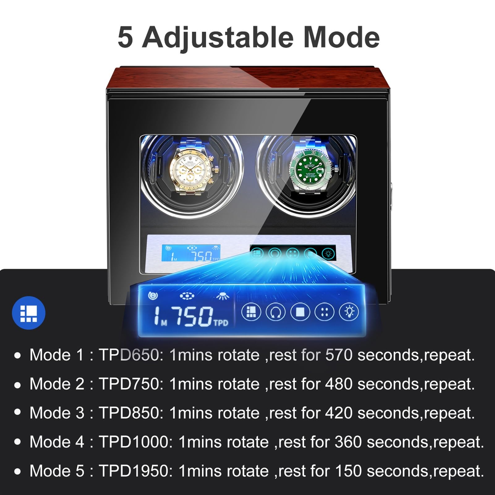 Remontoir Automatique Pour 2 Montres Boîte De Rangement D'affichage De Montres Doubles Rotatives En Bois Montre Mécanique À Remontage Automatique Avec Écran Tactile LCD Moteur Silencieux Mabuchi